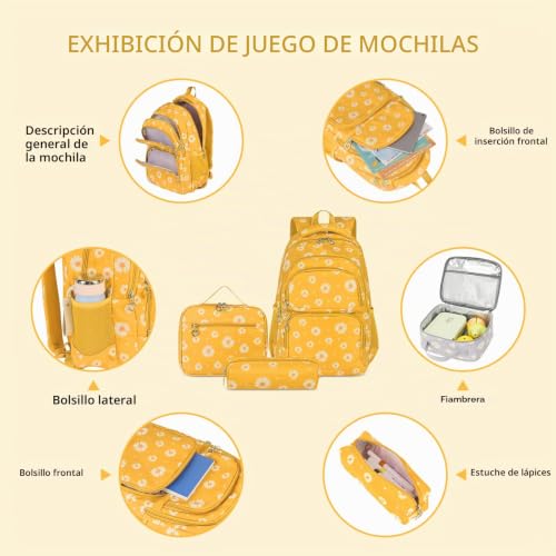 Thumbnail 3 de SIVENKE Mochila Escolar para niñas y adolescentes – Juego con bolsa de almuerzo y estuche en color amarillo