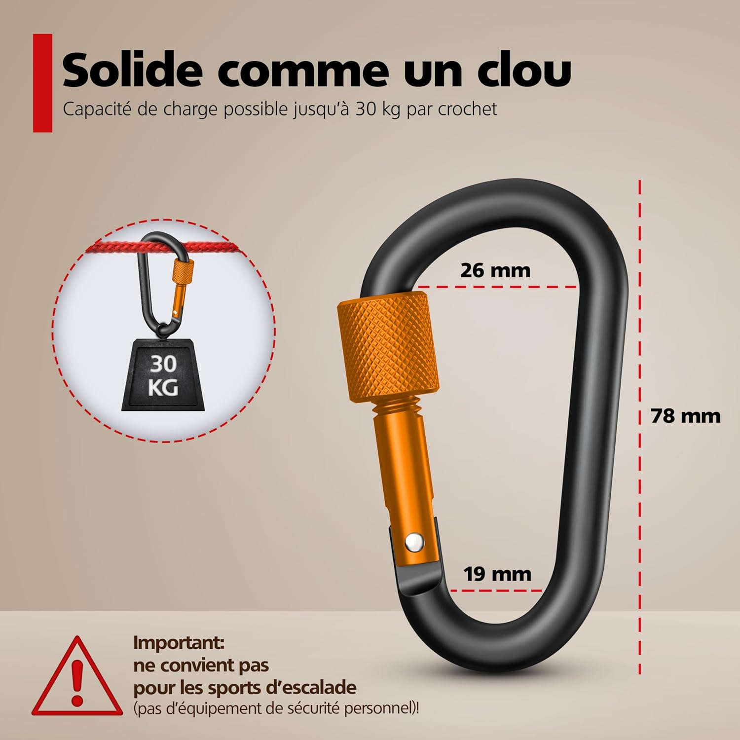 Thumbnail 2 de RAVN HAMAN – 10 mousquetons de sécurité à vis, aluminium, 8 mm, intérieur/extérieur (jusqu'à 30 kg chacun)