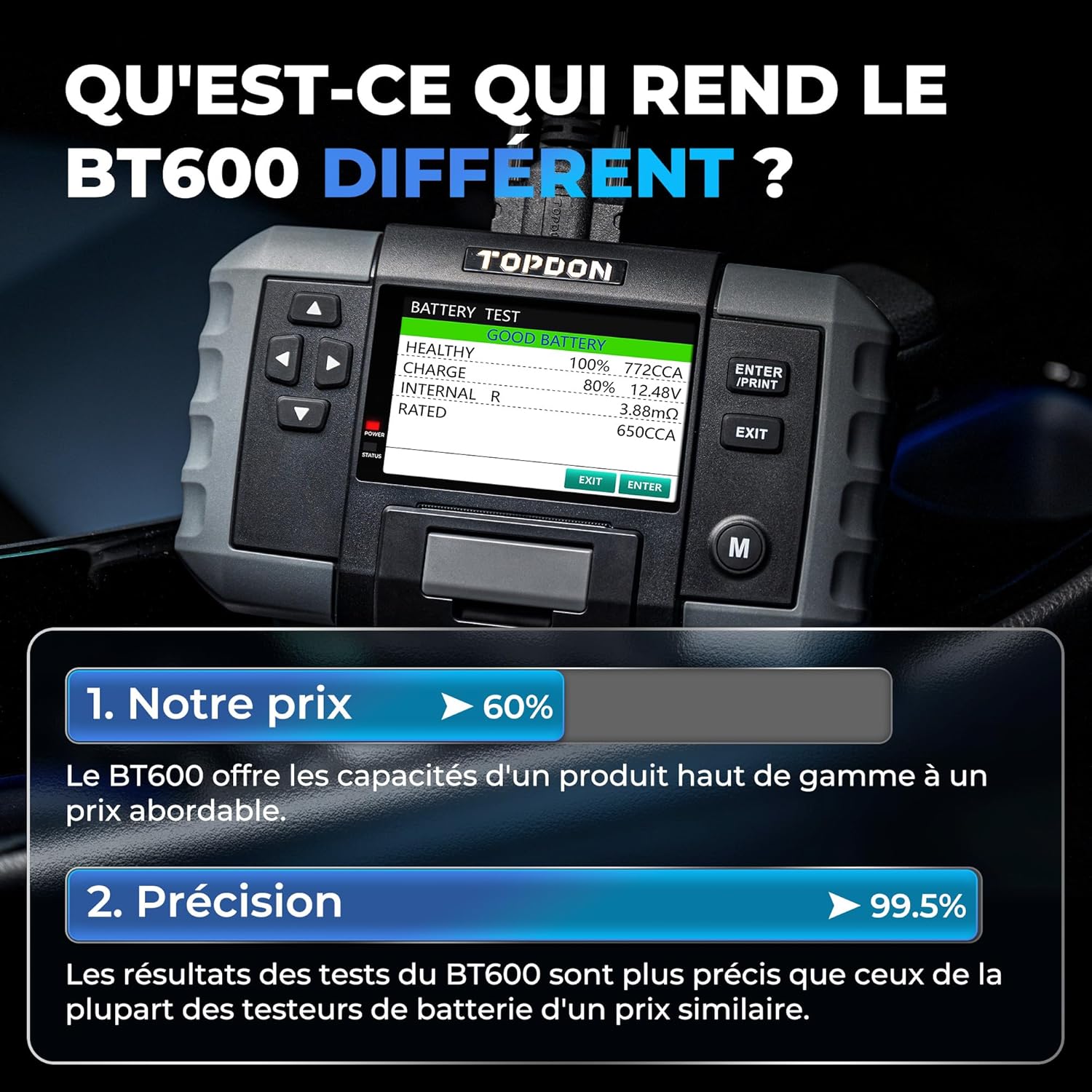 Thumbnail 1 de TOPDON Testeur de batterie BT600 — Testeur 12/24 V avec imprimante et écran couleur 3,5 pouces