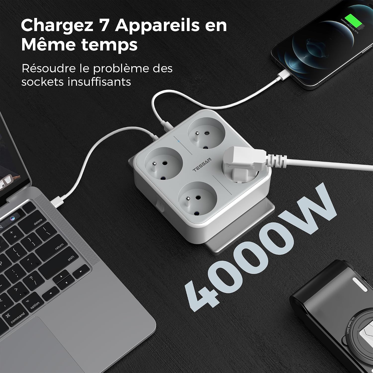 Detalle de TESSAN väggadapter för typ E med 4 uttag, 3 USB-portar och strömbrytare, 4 000 W, grå