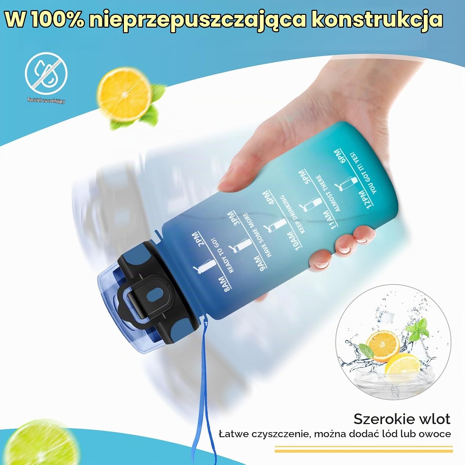Detalle 2 de KollyKolla TY-SYXZG-500ML-JB-Blue-Green – butelka sportowa 500 ml ze słomką i znacznikiem czasu