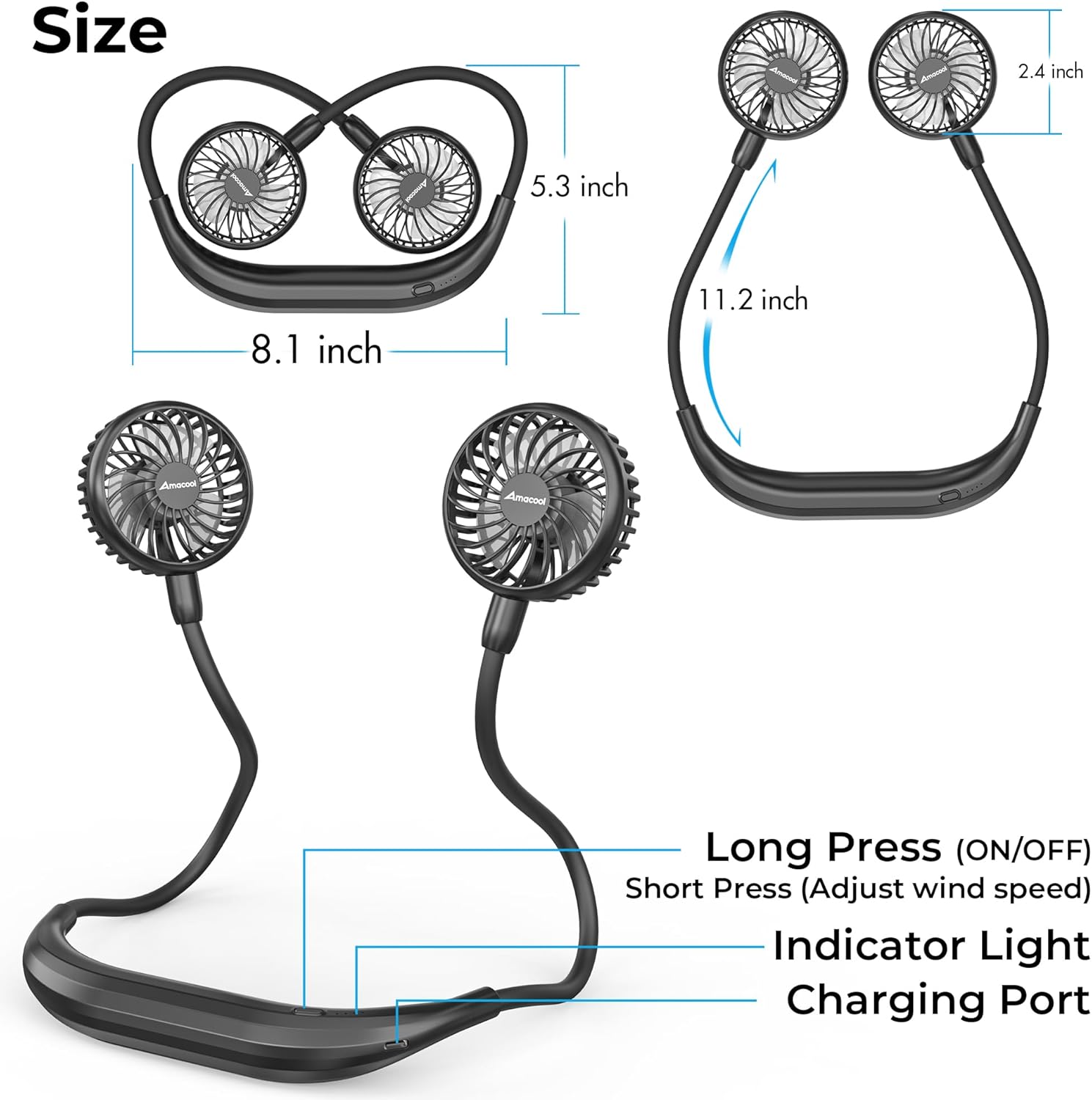 Thumbnail 2 de Amacool Neck Fan Battery Operated Neckband Fan (Black) — 3-Speed Hands-Free Personal USB Fan