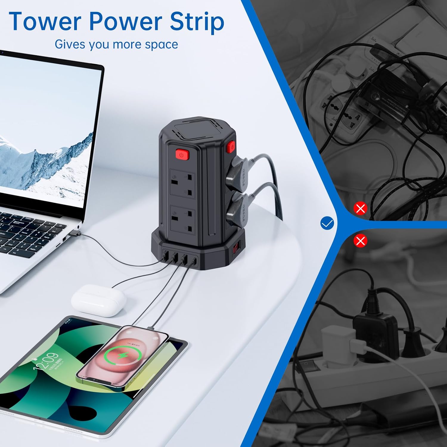 Thumbnail 5 de Tower Extension Lead 3M: 8 AC outlets, 4 USB ports with surge protection