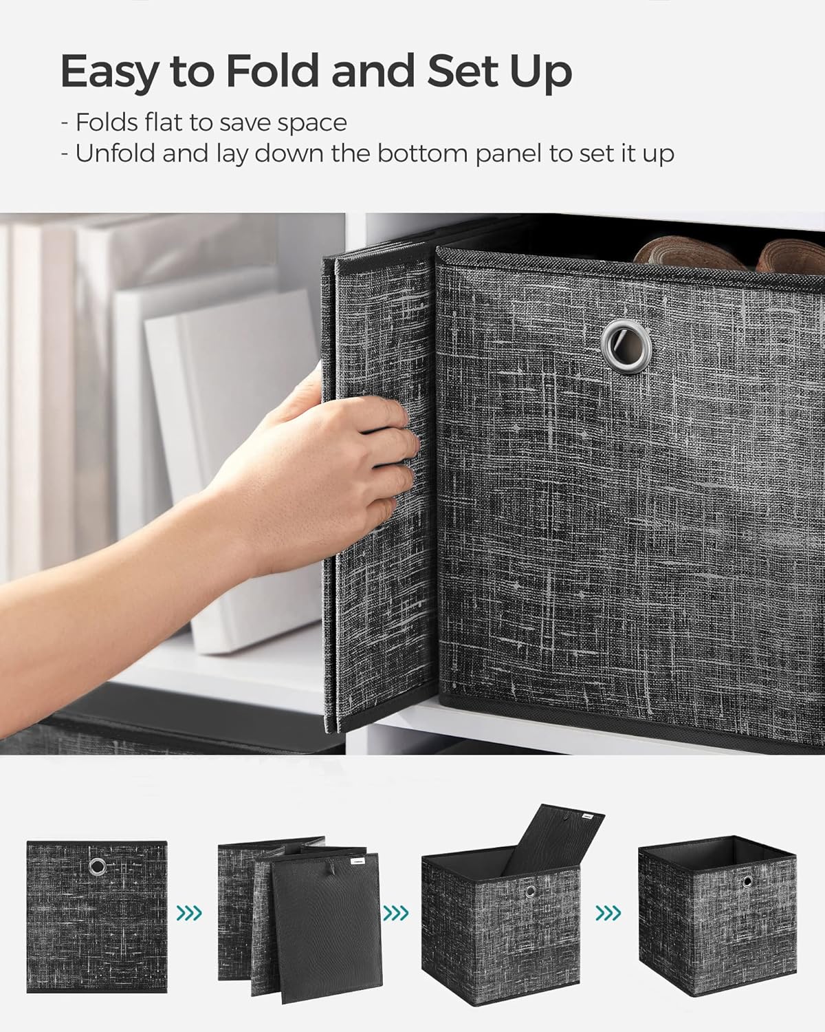 Thumbnail 6 de SONGMICS Storage Boxes Set of 6: Non-Woven Fabric Cube Boxes with Handles, 26 x 26 x 28 cm (Heathered Black) RFB026B01