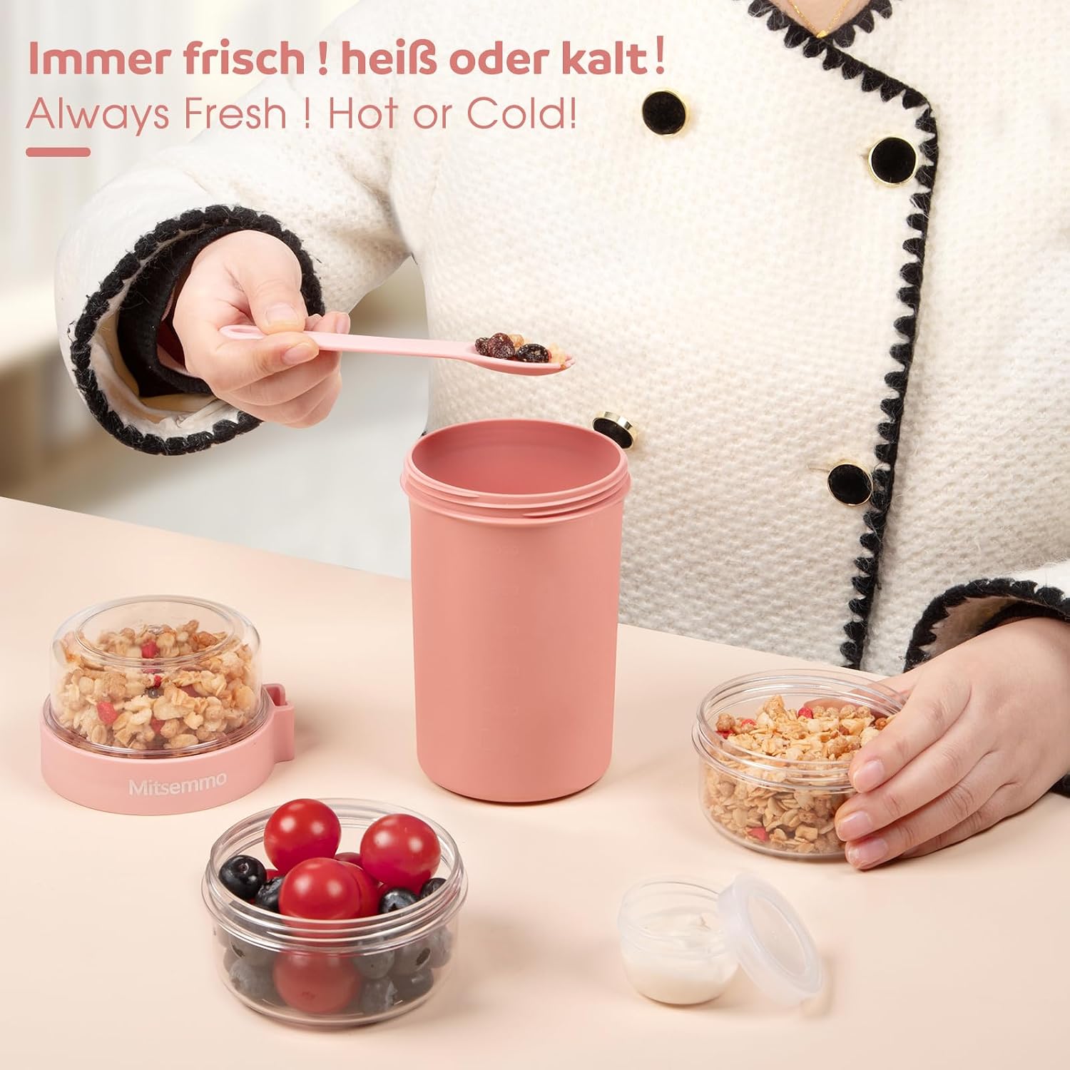 Detalle de Mitsemmo Müslibecher to Go 760 ml + 230 ml (Rosa) – Müsli- & Joghurtbecher mit Löffel und Dose