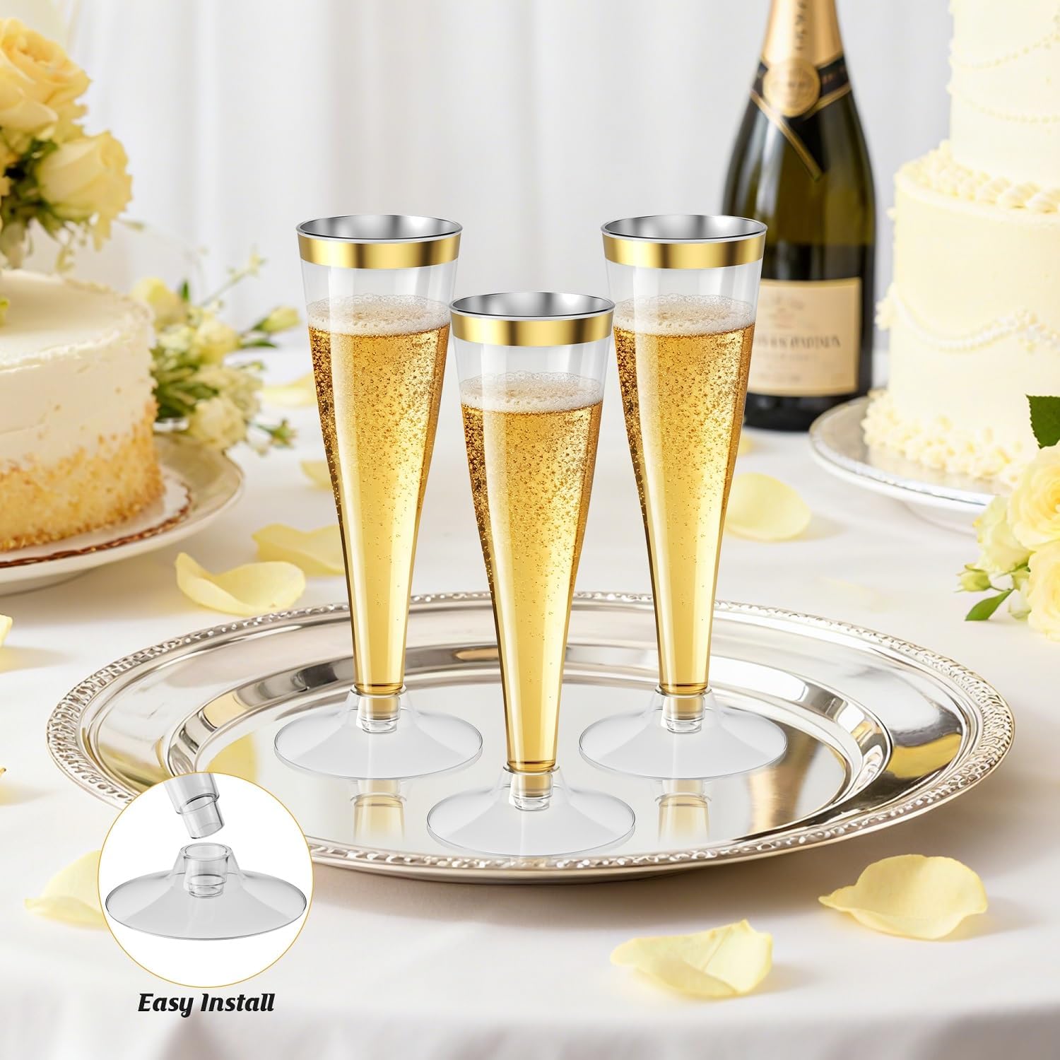 Detalle de Torchero 100 Pack Champagne Flutes: Gold Rim, 4.5oz Disposable Plastic Glasses