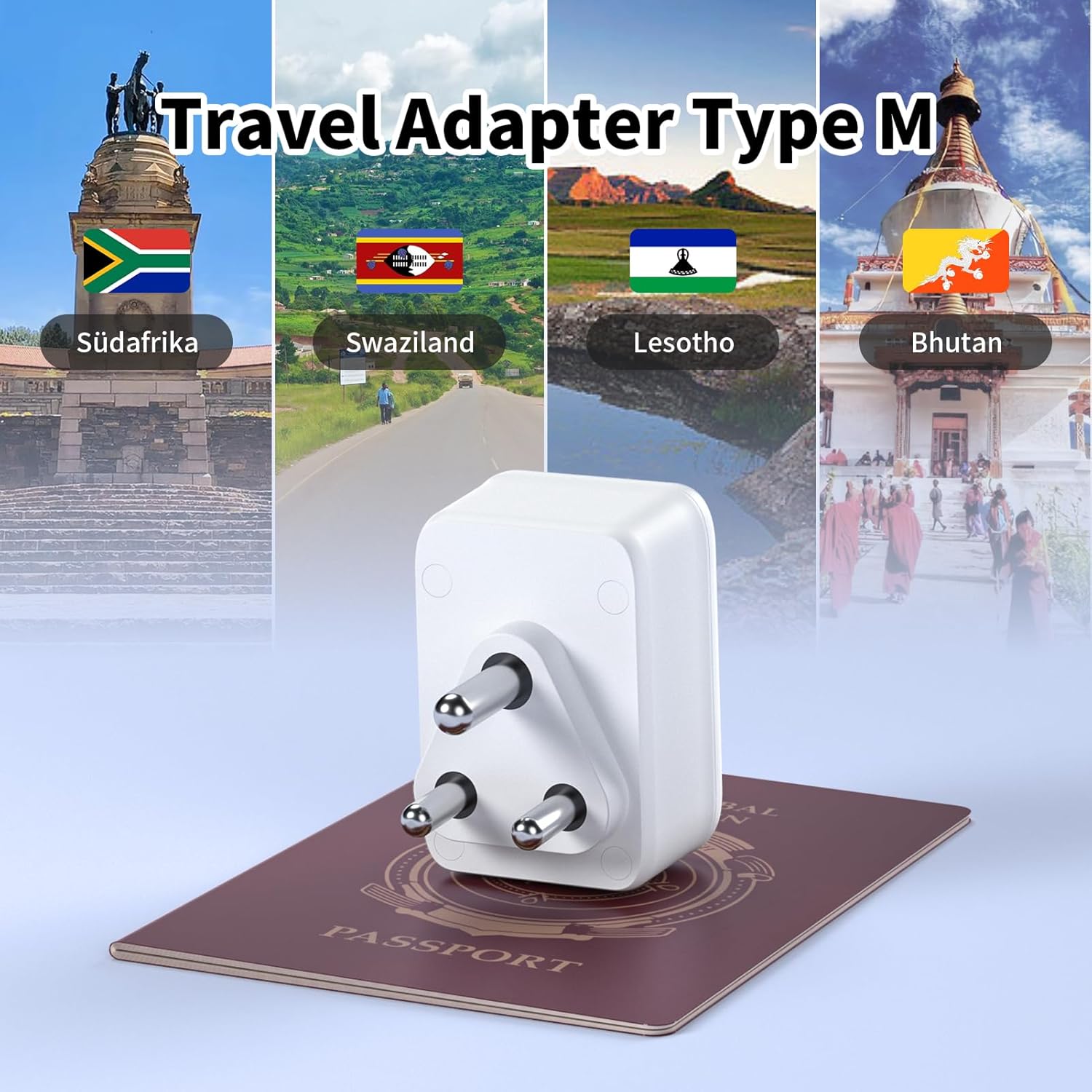 Detalle de Reiseadapter Südafrika Typ M – 4-in-1 Reiseadapter mit 2 USB–Ports und USB-C (3A)