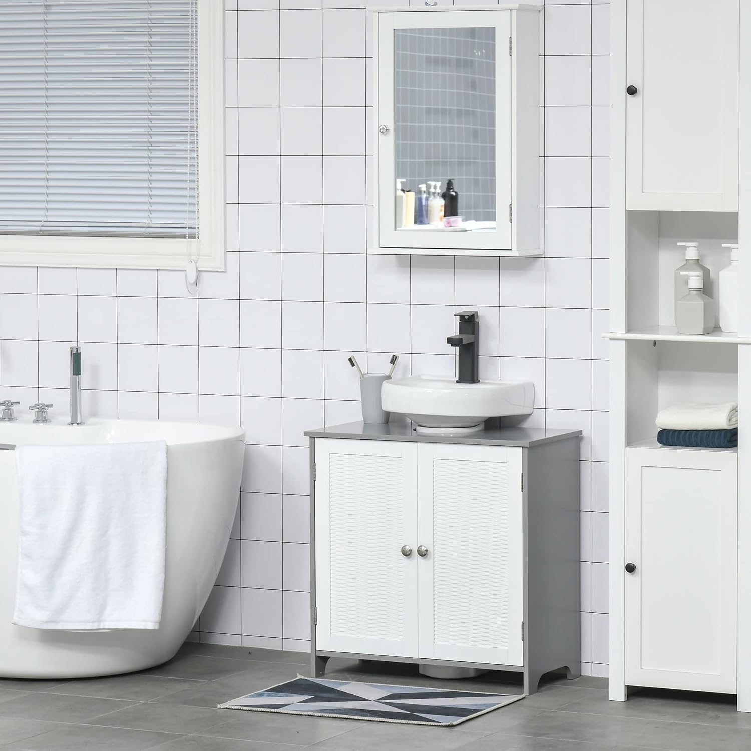 Thumbnail 6 de Kleankin Meuble sous lavabo - Évier | Placard 2 portes avec étagère, 60 x 30 x 60 cm, gris/blanc