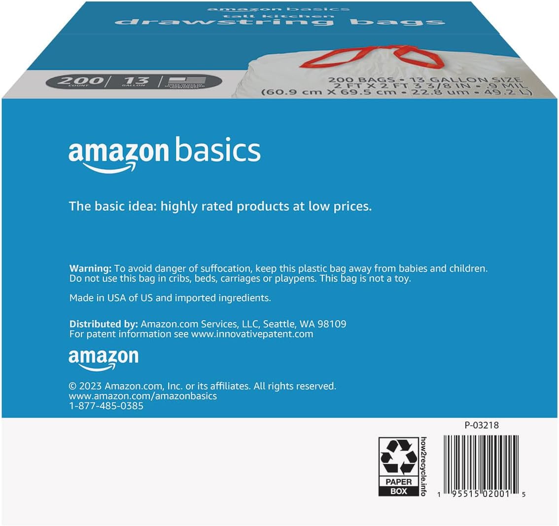 Thumbnail 1 de Amazon Basics 13-Gallon Drawstring Trash Bags, 0.9 Mil, Unscented, 200-Count