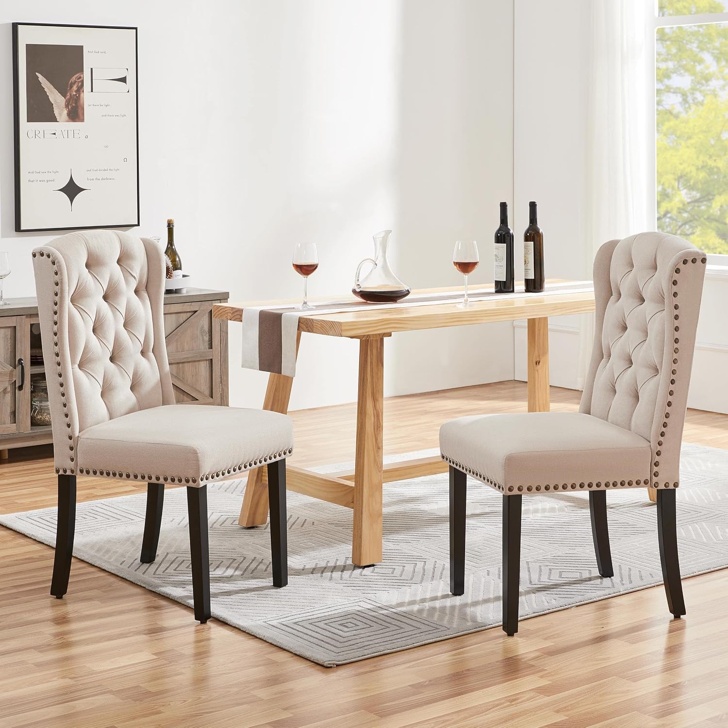 Thumbnail 3 de Yaheetech Upholstered Button Tufted Dining Room Chairs (Set of 2) with Nailhead Trims and Solid Legs, Beige