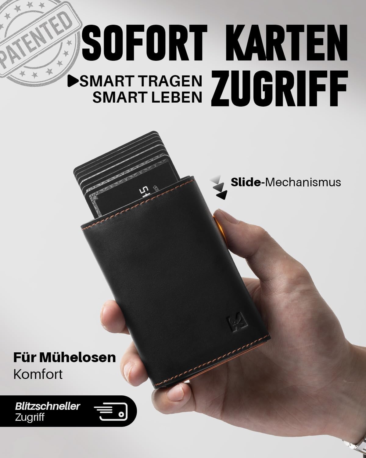 Detalle de MYSHION Herren-Geldbörse mit Münzfach, Sichtfenster & RFID-Schutz – Smart Wallet im Dreifach-Falt-Format (Schwarz Orange)