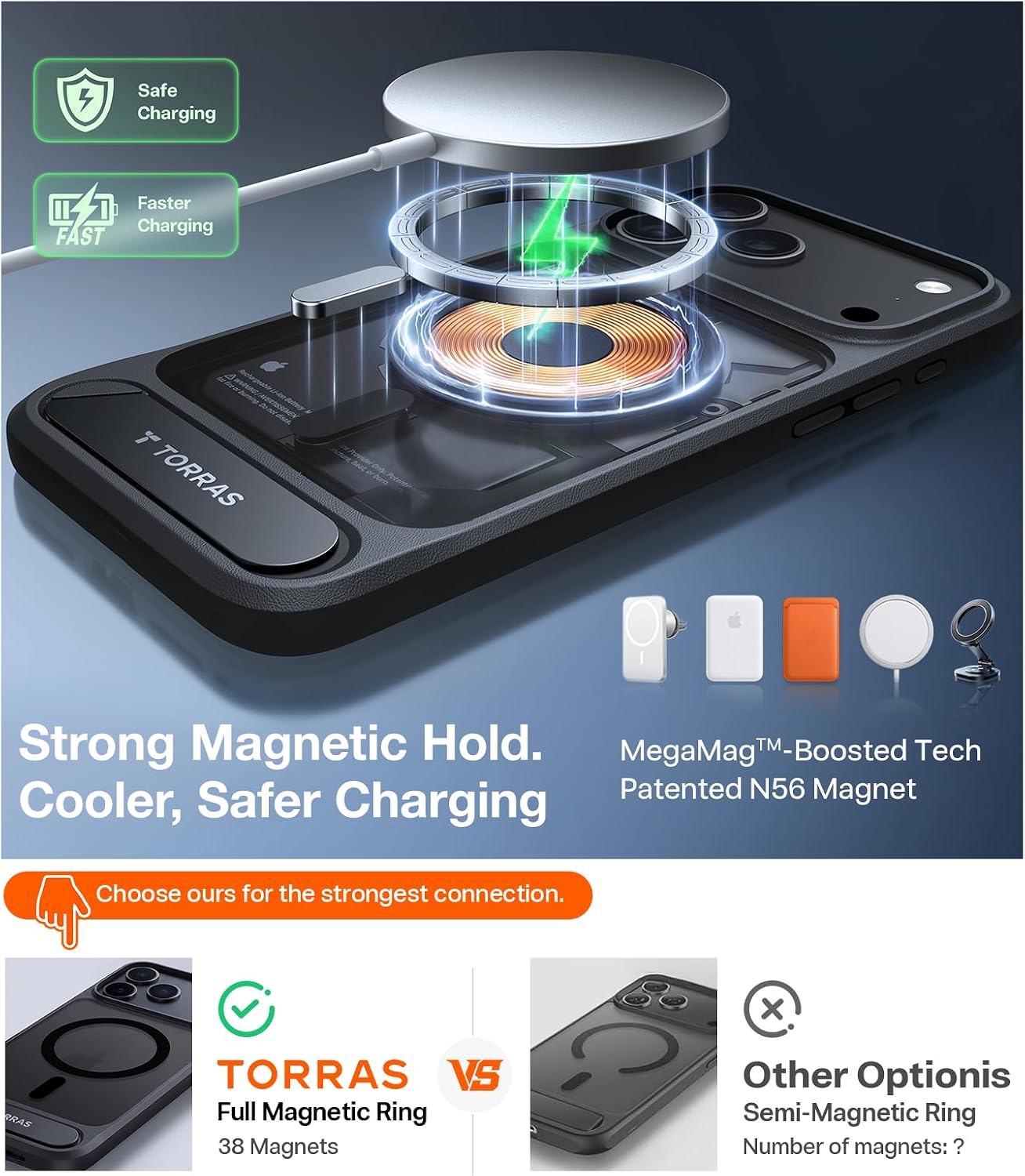 Detalle de TORRAS Stronger Magnetic Stand Case for iPhone 18 Pro Max, MagSafe, Black