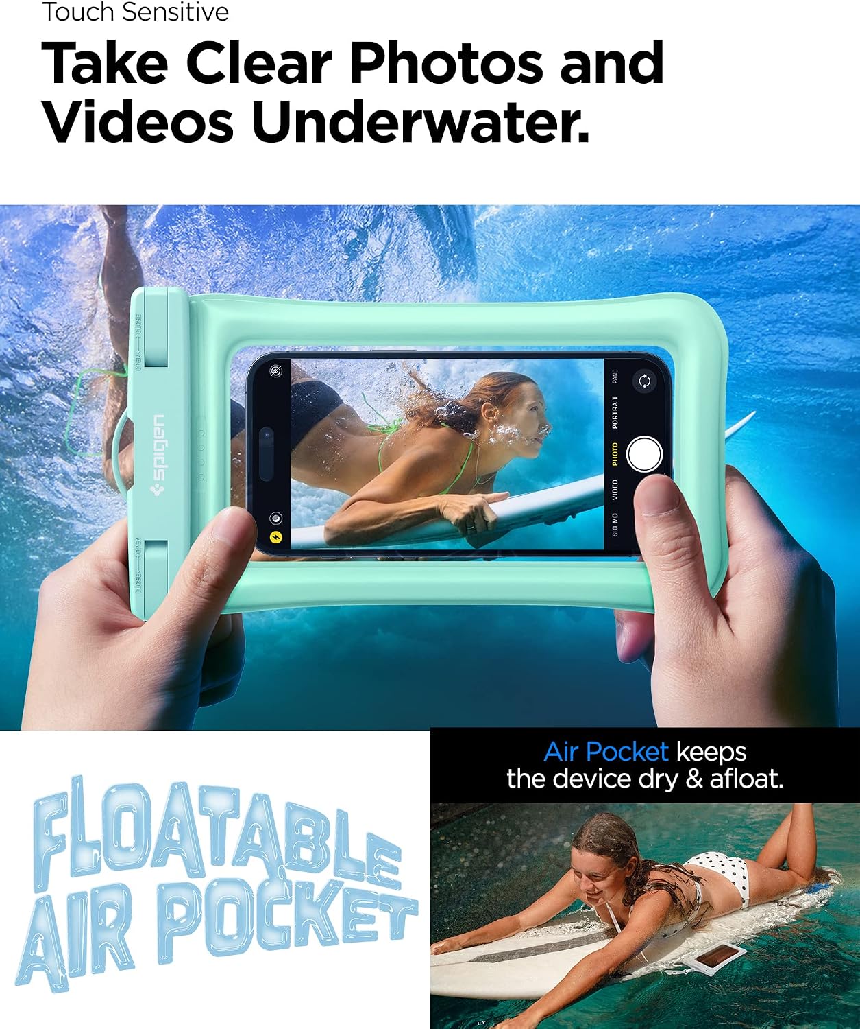 Detalle 2 de Spigen Aqua Shield – lot de 2 coques étanches flottantes pour smartphones jusqu’à 8,2" (Minthe)