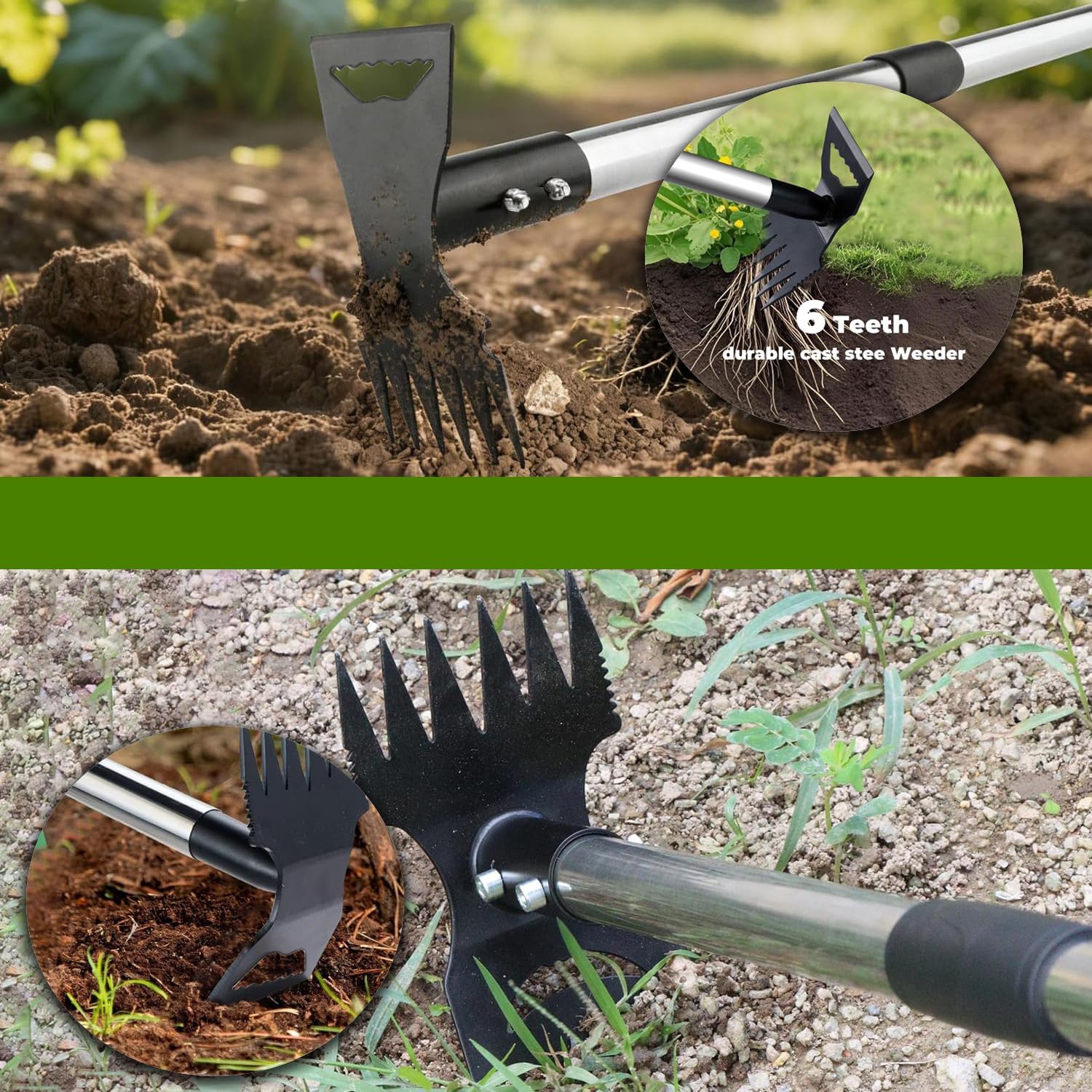 Detalle de 2-in-1 Weed Rake & Hoe Combo – Adjustable Heavy Duty Weeder (59in/150cm) with Stainless Steel Build
