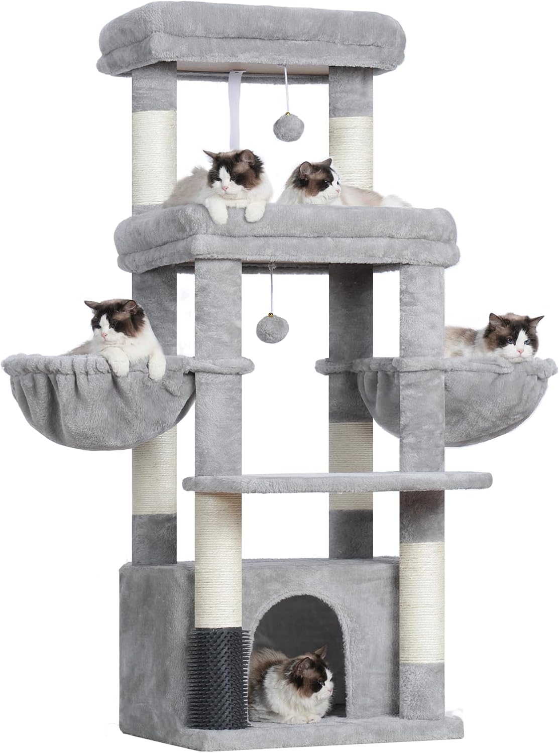 Detalle de Hey-brother Arbre à chat MPJ070W pour Maine Coon : 2 plateformes, 2 hamacs et brosse de toilettage