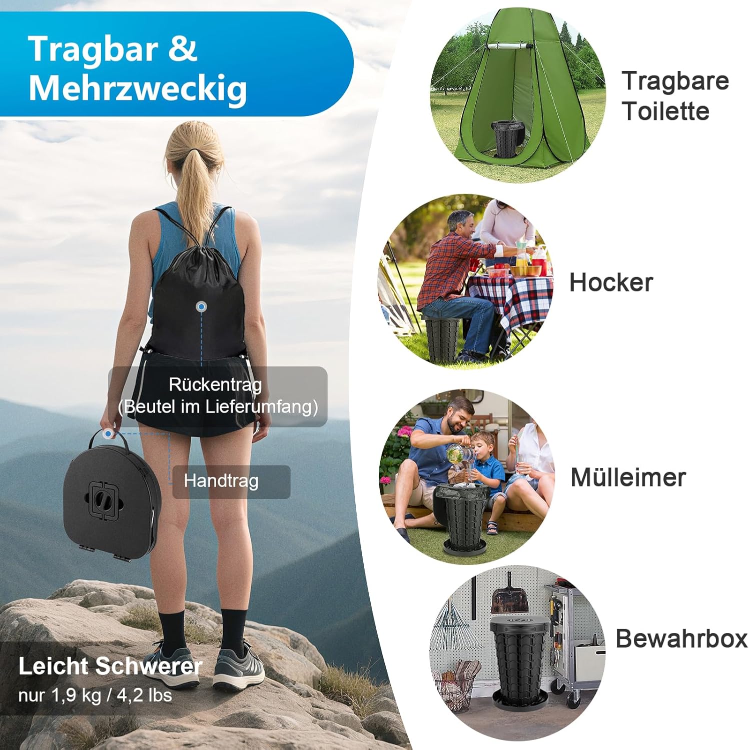 Thumbnail 6 de imodomio Campingtoilette Faltbar Camping Toiletten – Tragbare faltbare WC-Lösung mit Deckel und Beuteln