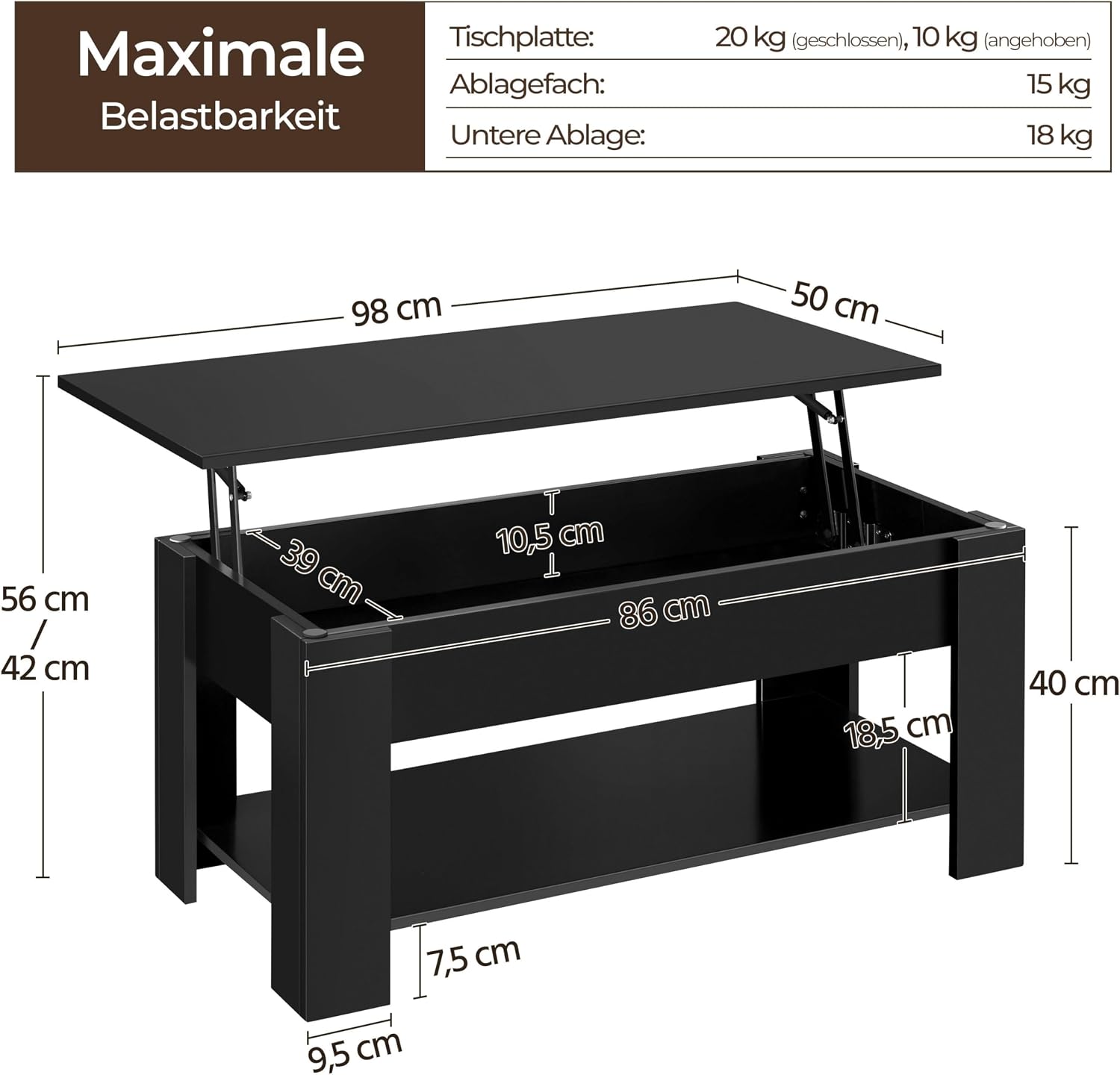 Detalle de Yaheetech 614136/613274 verstelbare salontafel met opbergruimte, zwart