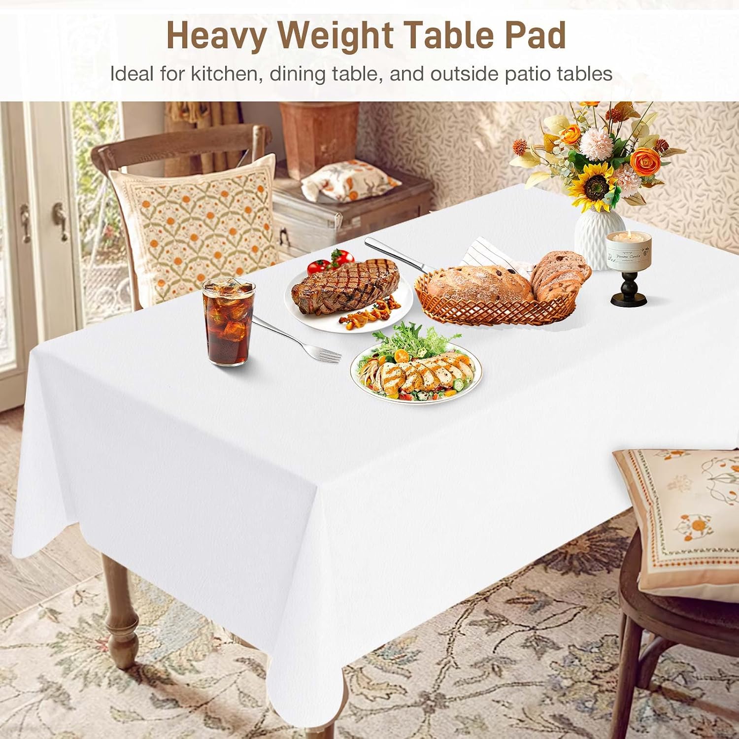 Detalle de LotuFlor Table Protector Pad with Flannel Backing — Waterproof, Heavy-Duty Vinyl, 108 x 54 inches