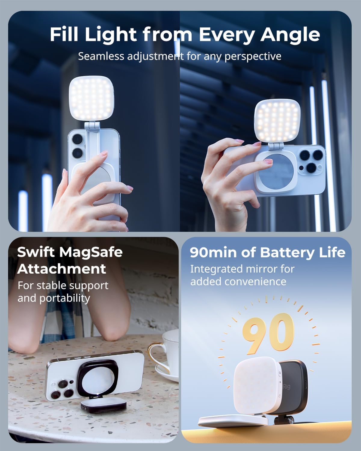 Detalle de SMALLRIG Magnétique Lampe Selfie pour Téléphone — LED avec miroir et fixation MagSafe