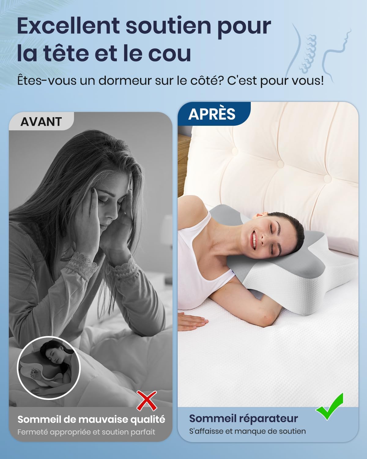 Detalle de Oreiller cervical ergonomique à mémoire de forme DONAMA (66x37x13 cm) – gris blanc