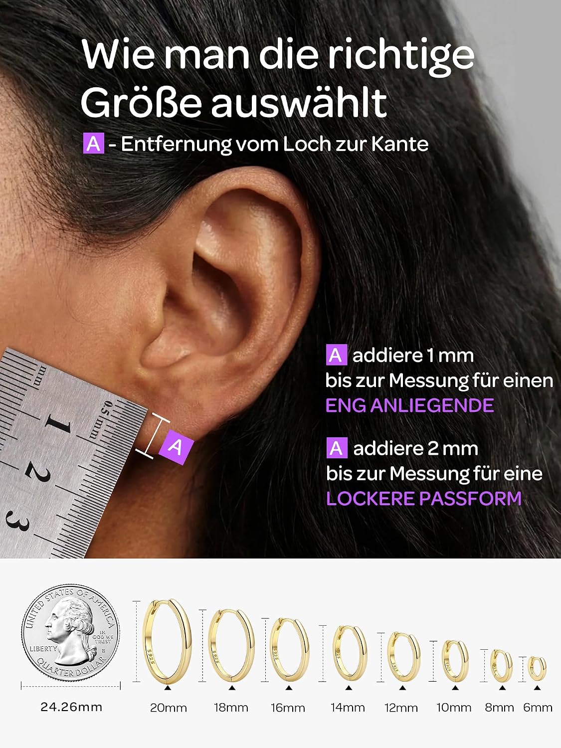 Detalle 2 de ChicSilver Creolen Silber 925 – Huggies Ohrringe für Damen & Herren in 6–20 mm