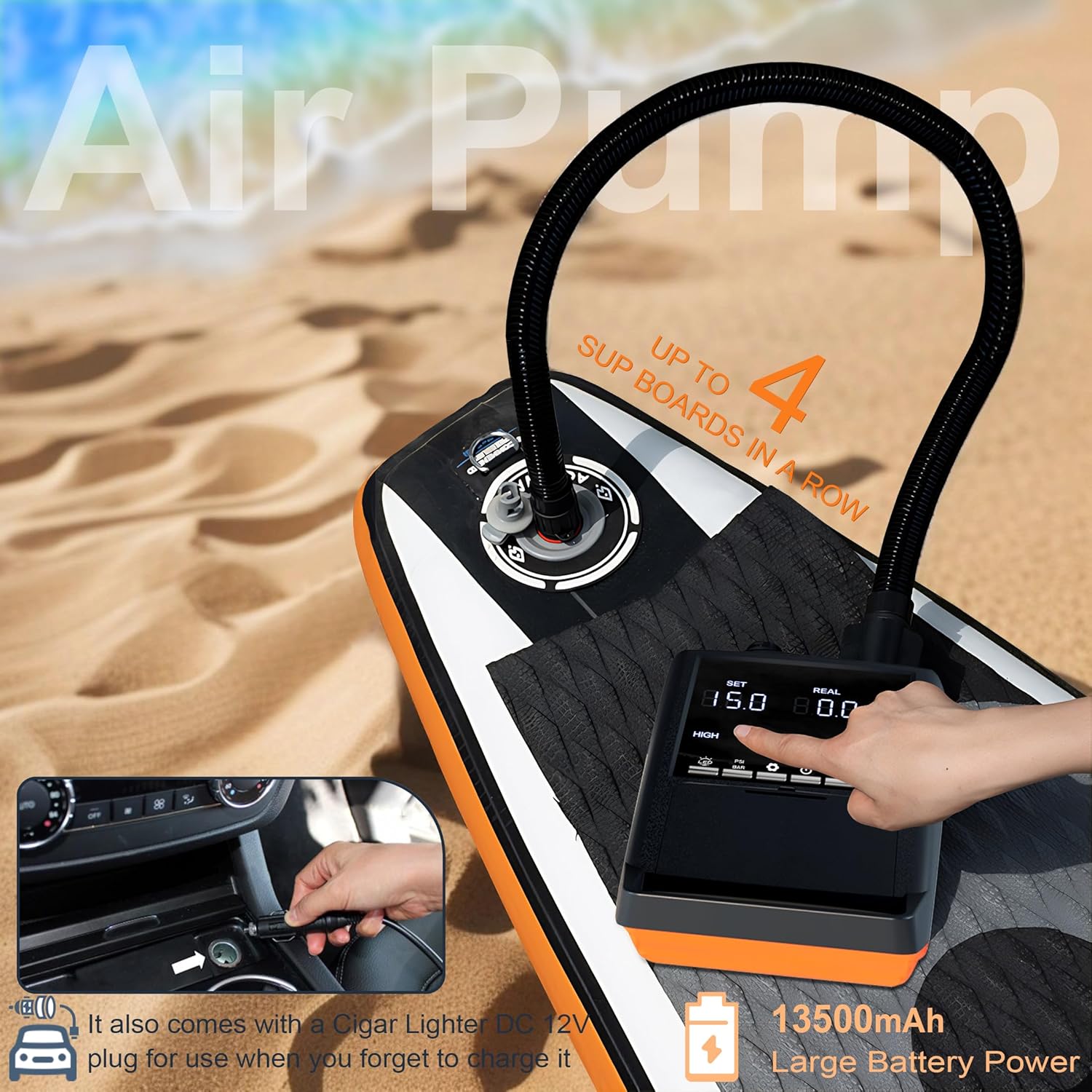 Thumbnail 2 de Mojimdo pompa elettrica per SUP con batteria e luce di emergenza, fino a 20 PSI, 12V DC e Type-C, kit da 6 ugelli