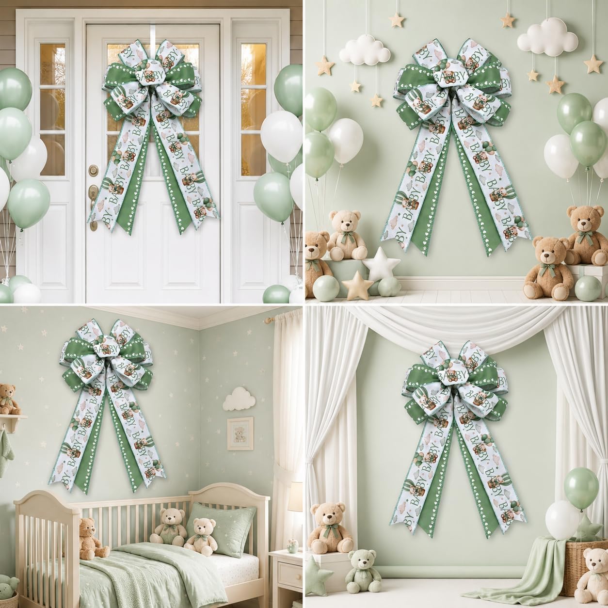 Thumbnail 3 de Wired Ribbon, Sage Green Bear Print