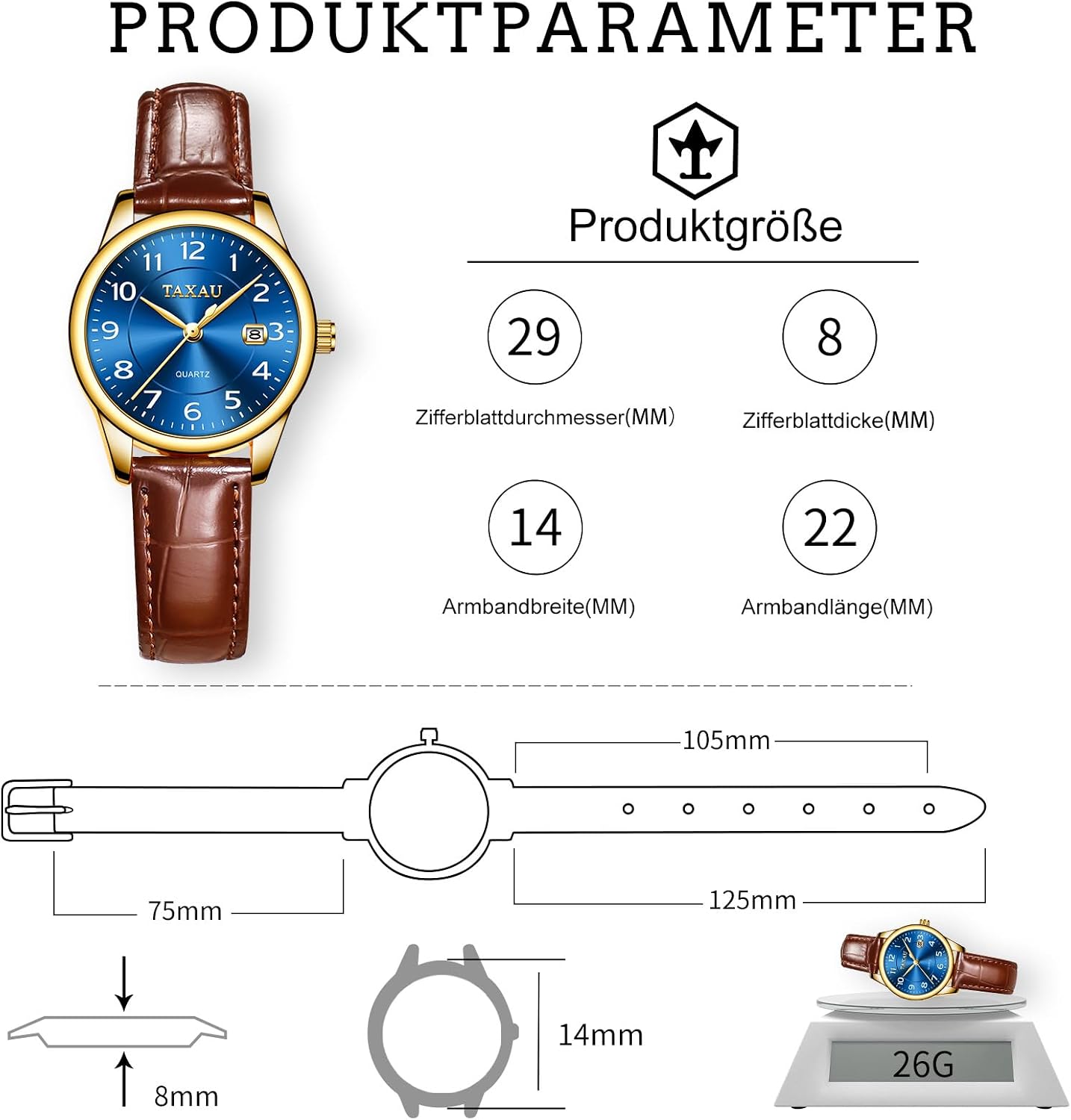 Thumbnail 3 de Taxau Damenuhr mit Lederarmband, analoges Quarzwerk und Datumsanzeige (28 mm, 3 bar) – elegantes Design zum Kombinieren