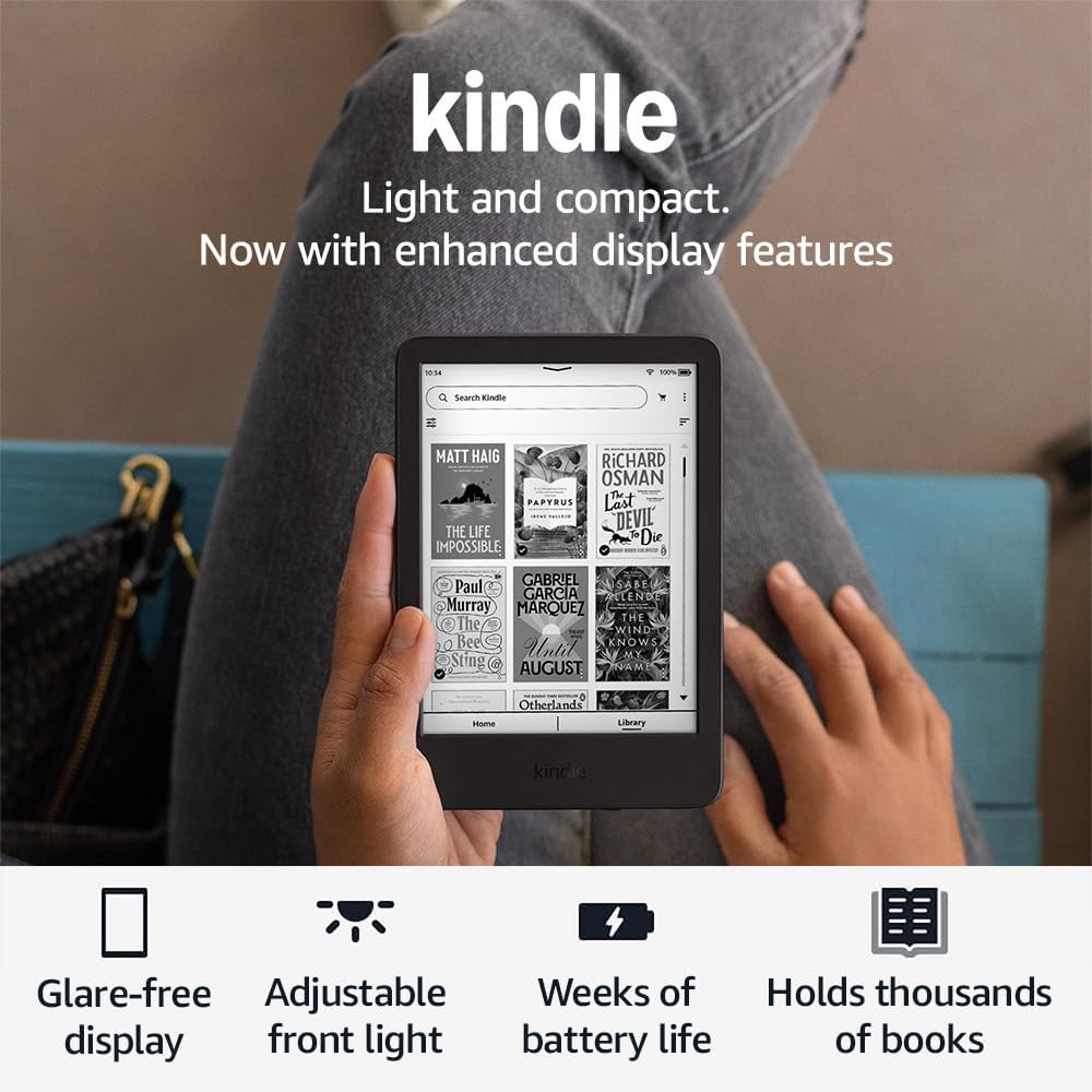 Amazon Kindle (newest gen) – 16 GB e-reader with glare-free 6" display, adjustable front light and 6-week battery (with Ads) – Black