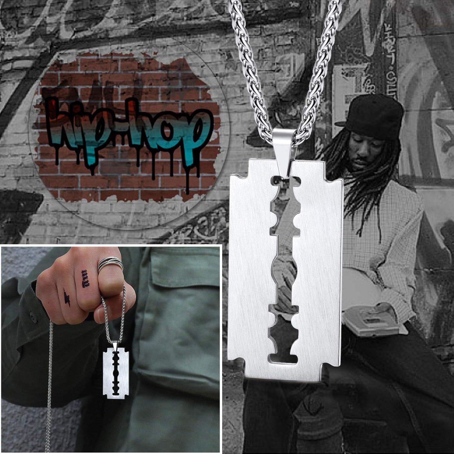 Detalle 2 de PROSTEEL Collier lame de rasoir homme en acier inoxydable plaqué or, pendentif rock punk avec chaîne ajustable
