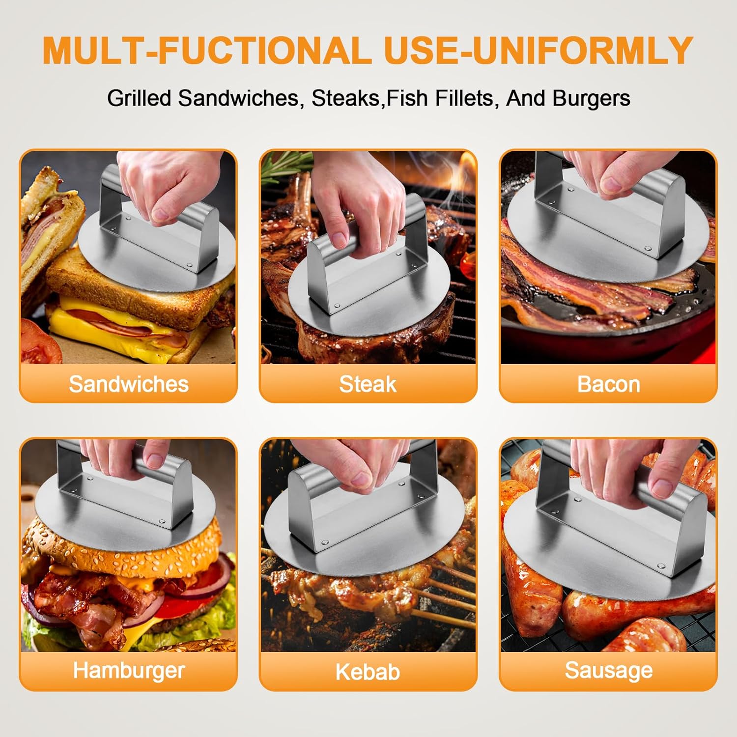 Detalle de Whaleme 6.2-Inch Stainless Steel Burger Press: One-Piece, Non-Stick Smash Tool for Perfect Burgers