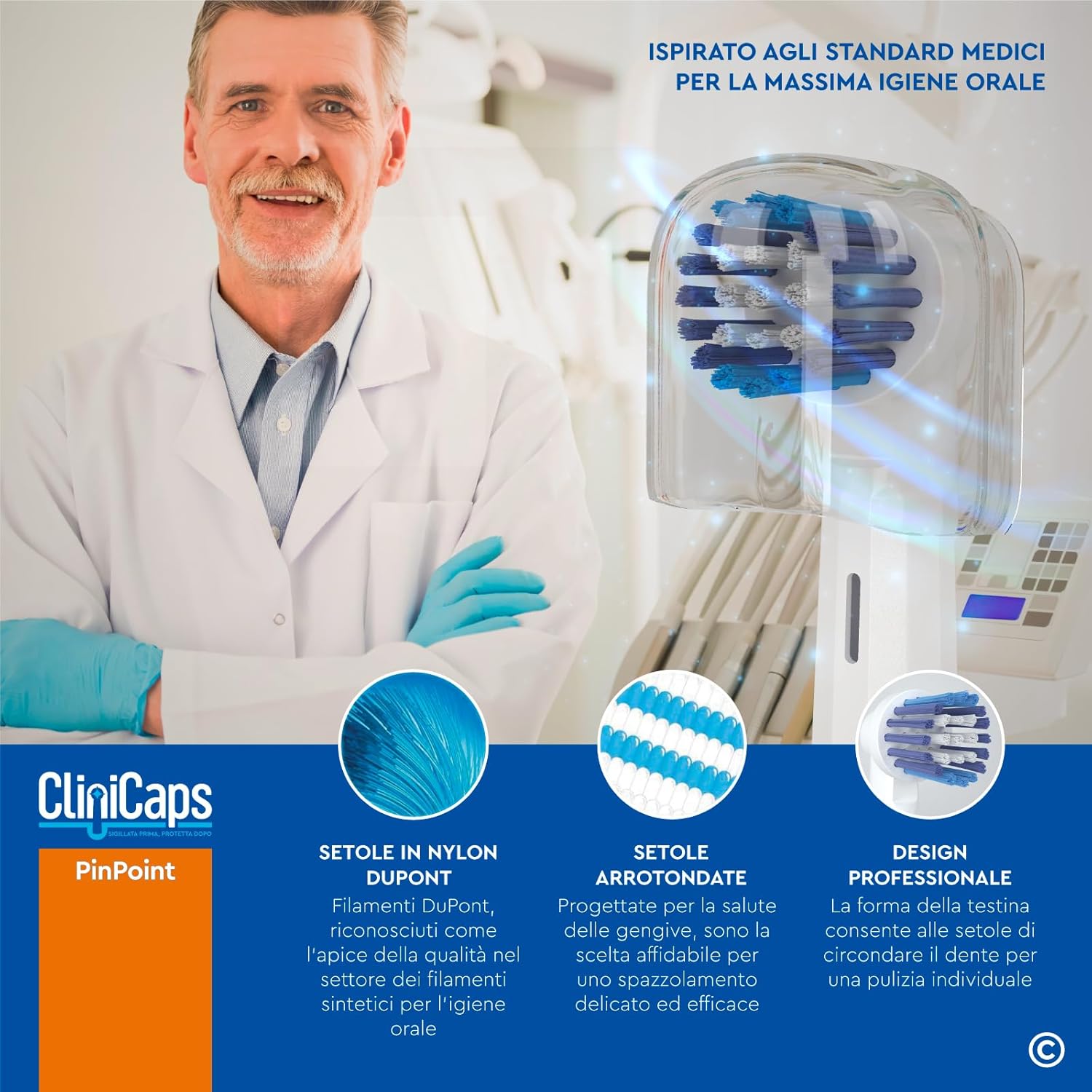 Detalle de 20 Testine Spazzolino Elettrico PinPoint CliniCaps: Ricambio Compatibile con Oral-B, Con Bustina Asettica e Cappuccio Protettivo