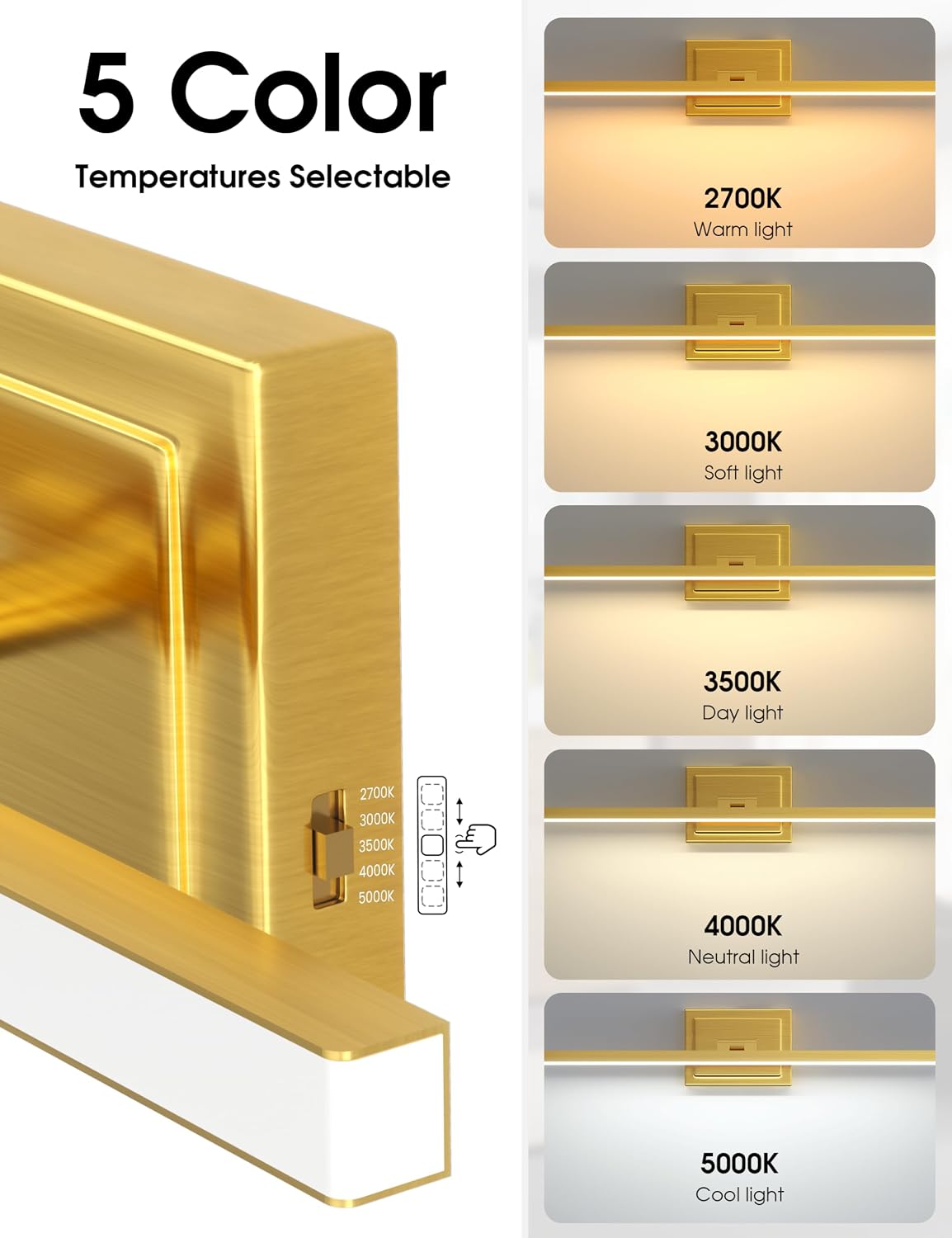 Detalle de VOLISUN 21914ZM-G-120CM 48-Inch Gold LED Vanity Light, 5 CCT, Dimmable