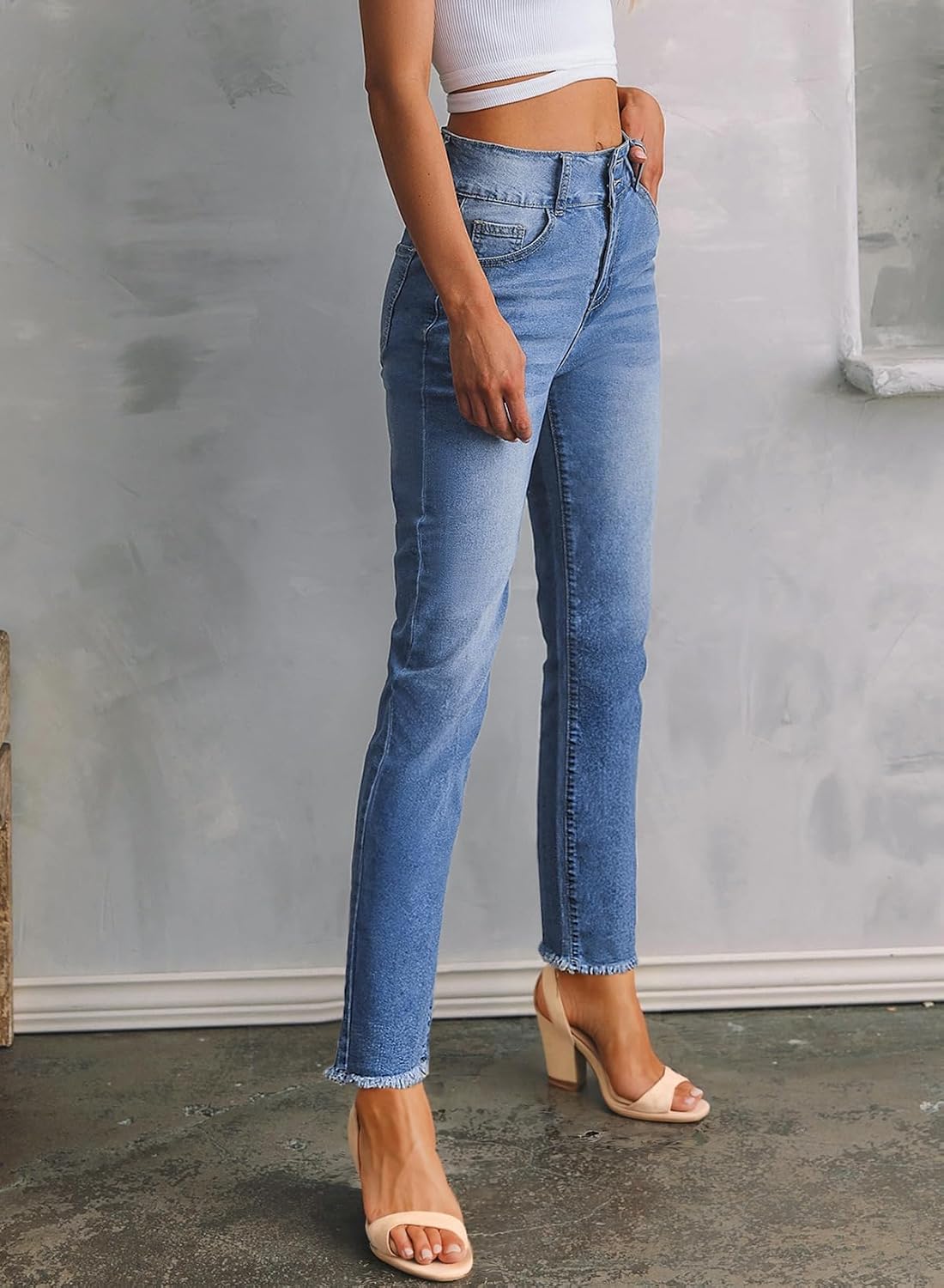 Detalle de Sidefeel Women's High Waisted Stretch Denim Jeans with Raw Hem — Straight Leg, Ankle Length, with Pockets