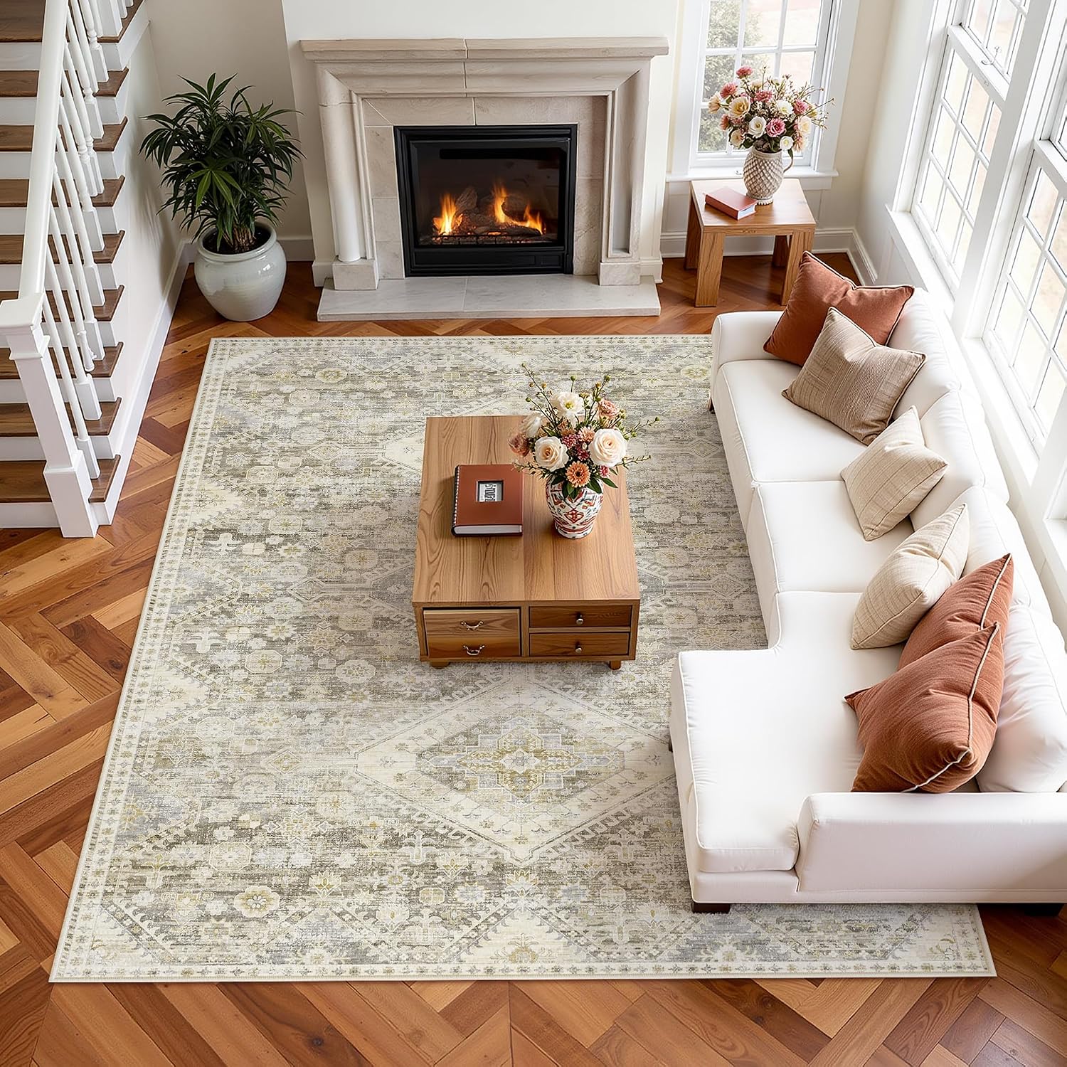 Thumbnail 6 de LIVELYGLOW 8x10 Retro Vintage Area Rug, Gray Beige, Washable and Non-Slip