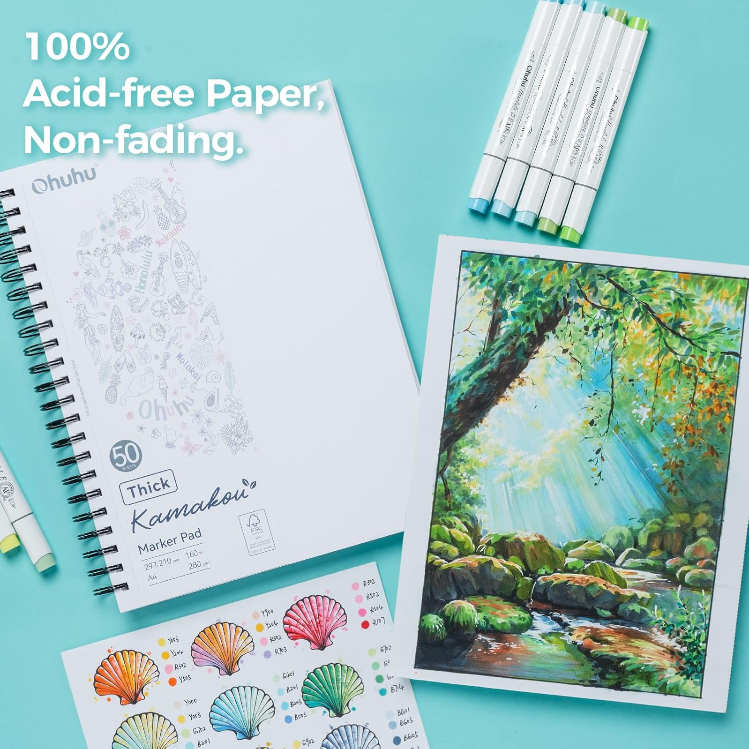 Thumbnail 6 de Ohuhu A4 Bleedproof Sketchbook (280GSM), Double-Sided Marker Pad, 50 Sheets (100 Pages) – Spiral Bound