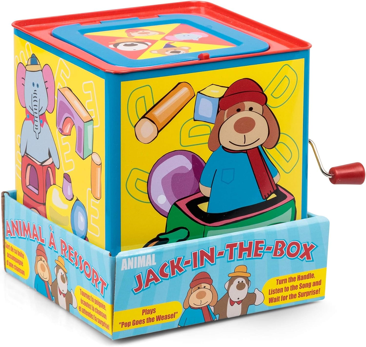 Detalle 1 de Animal Jack in a Box (Styles May Vary) traditional tin toy that plays Pop Goes the Weasel