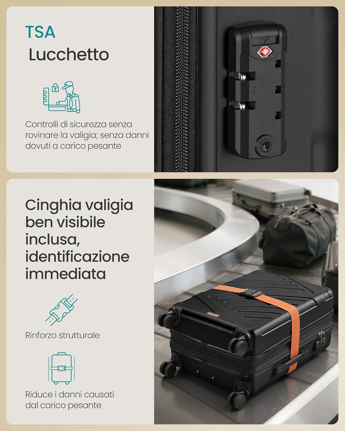 Detalle de SONGMICS Set di valigie rigide ABS 3 pezzi con chiusura TSA, ruote doppie 360°, espandibili M/L/XL 55/65/75 cm