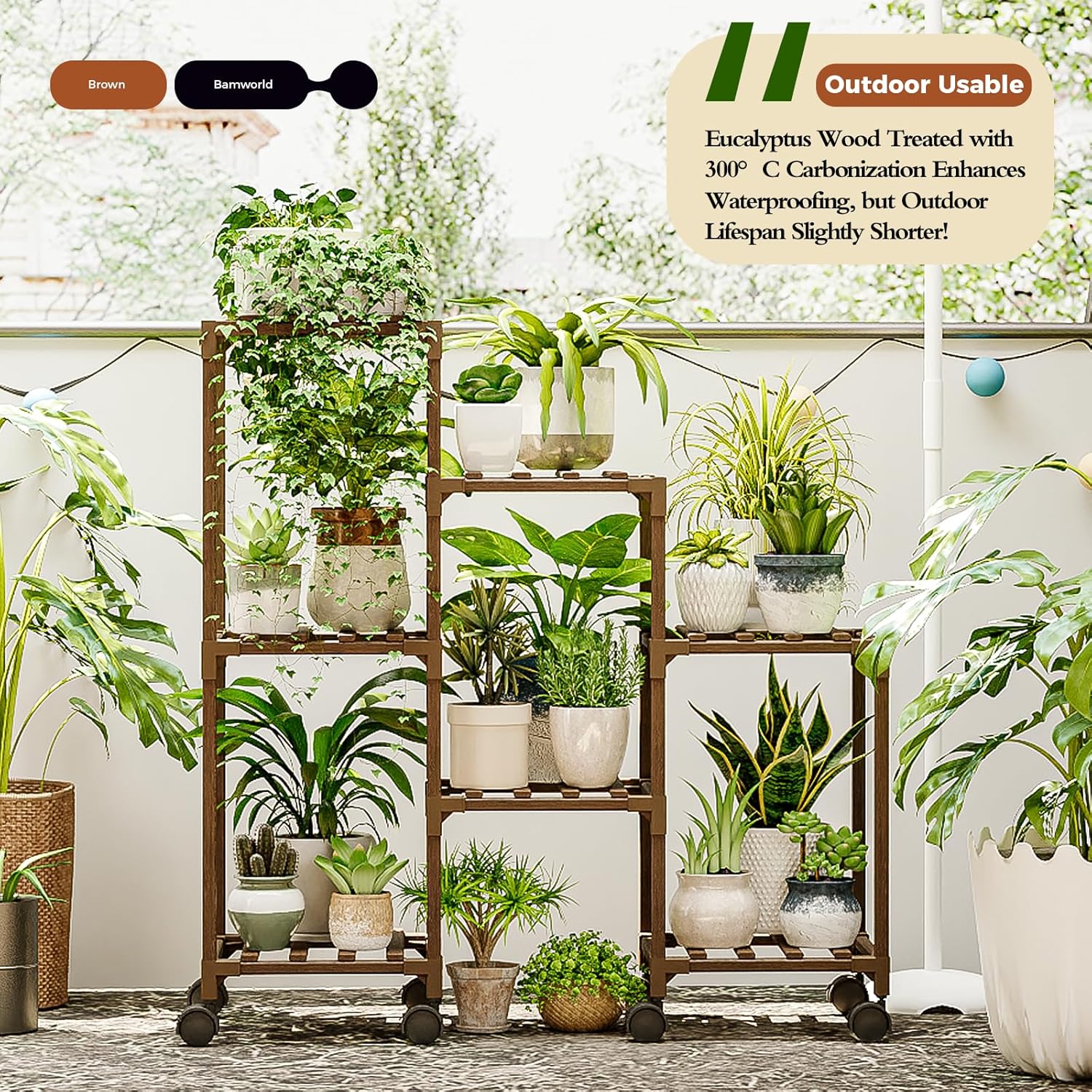 Detalle 2 de Bamworld plant stand with wheels — 3-tier wooden ladder shelf for indoor and outdoor pots
