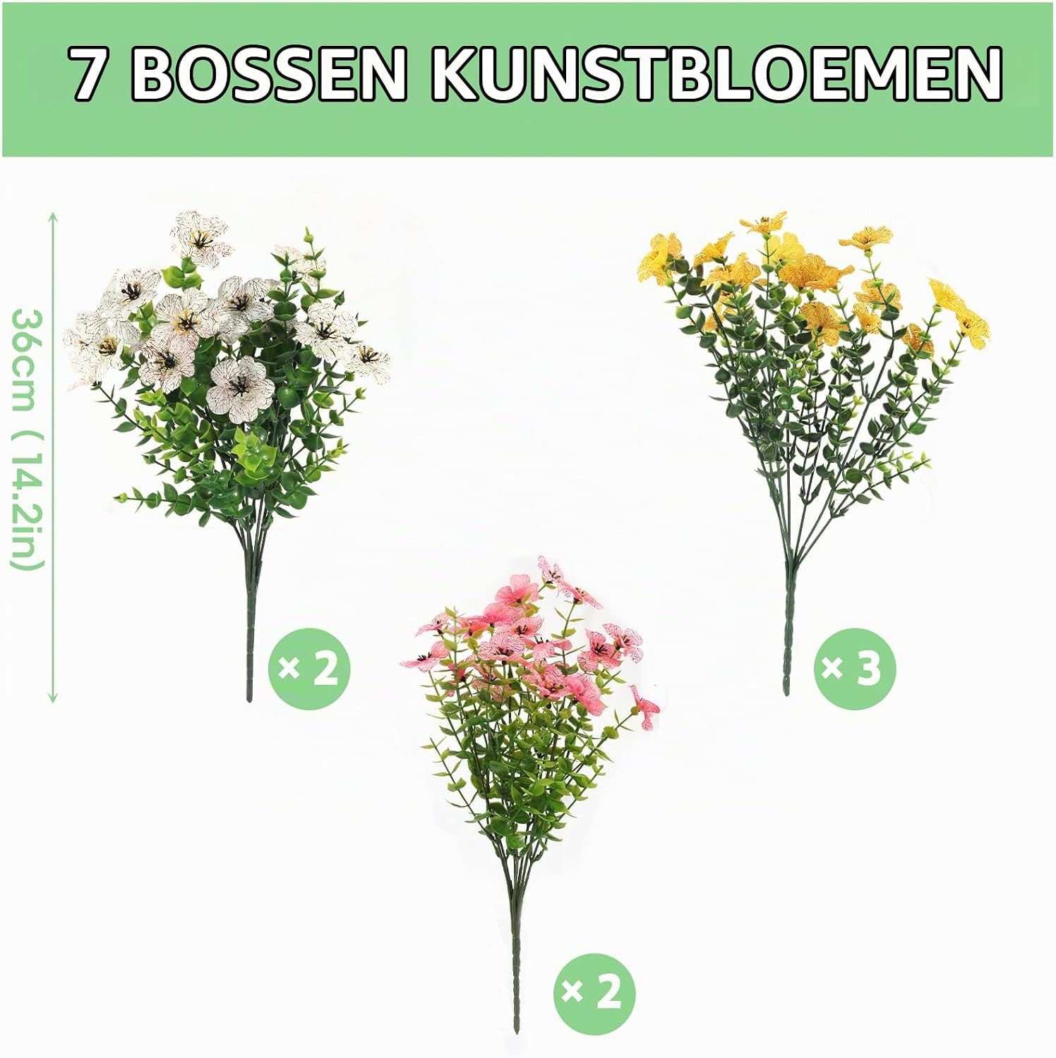 Detalle 2 de msymsyu kunstbloemen van 36 cm in geel, roze en wit, set van 7