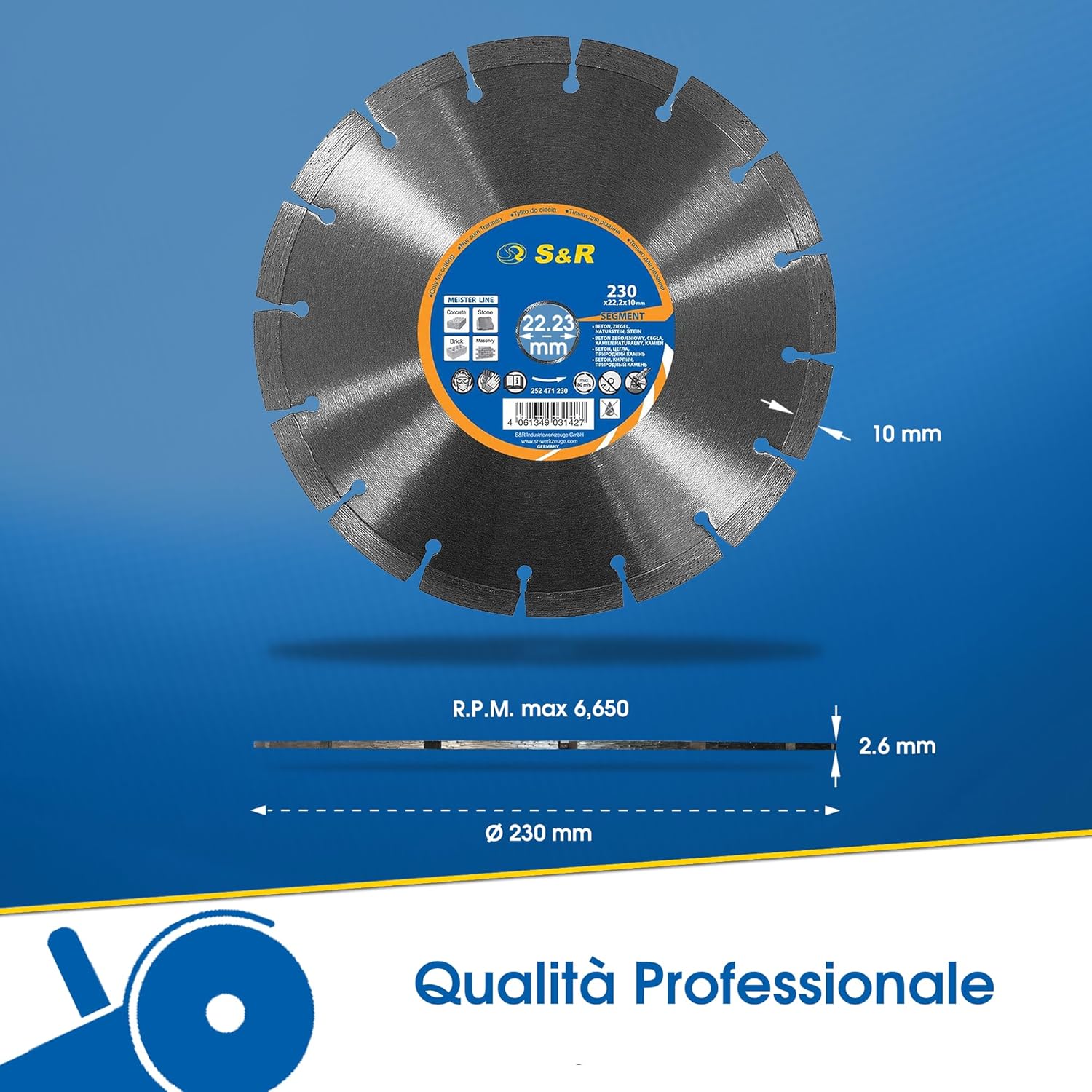 Detalle de S&R Disco Diamantato per smerigliatrice 230 x 22,2 mm Turbo a taglio a secco