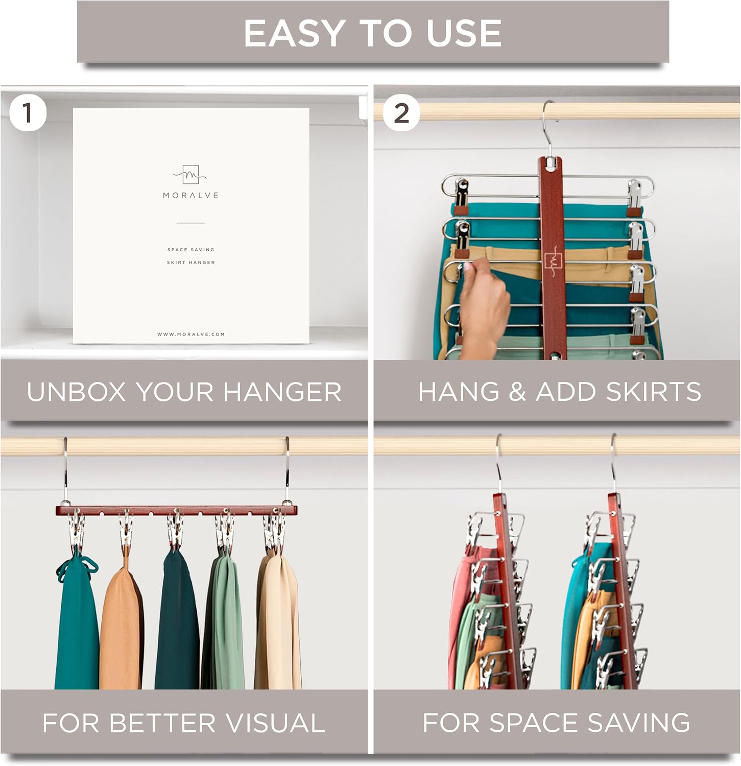 Thumbnail 6 de MORALVE 5-Tier Beechwood Skirt Hangers, 2-Pack with Clips and 360° Hooks