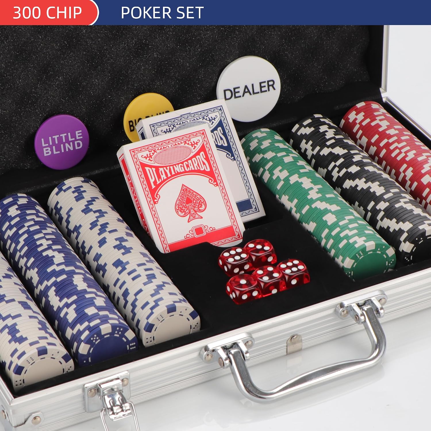 Detalle 2 de 300-Piece 11.5g Poker Chips Set (Texas Hold’em/Blackjack) with Aluminum Case, Dealer Buttons, Blinds Markers & Dice