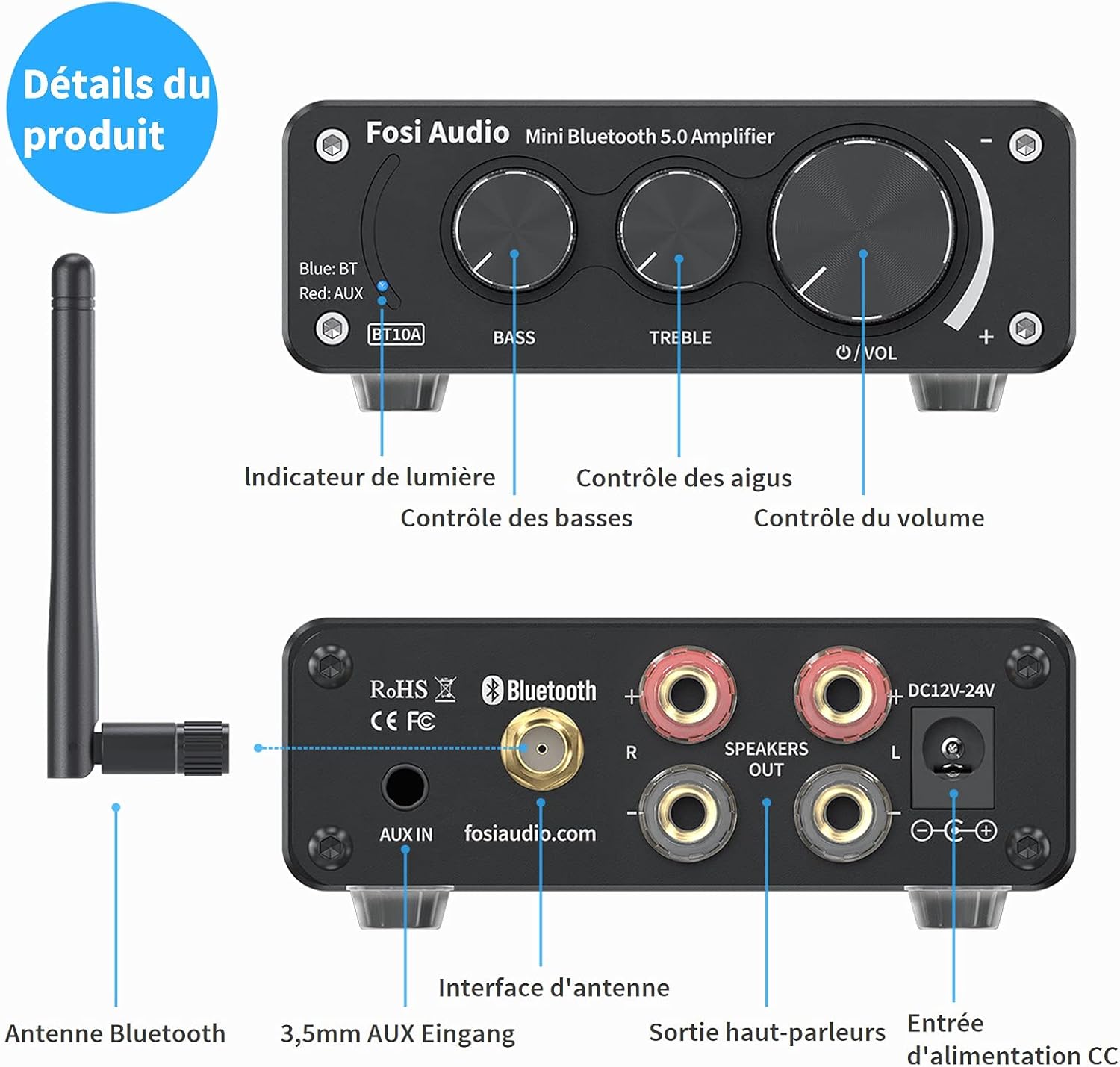 Detalle 2 de Fosi Audio BT10A ampli Bluetooth 5.0, 50 W ⚙