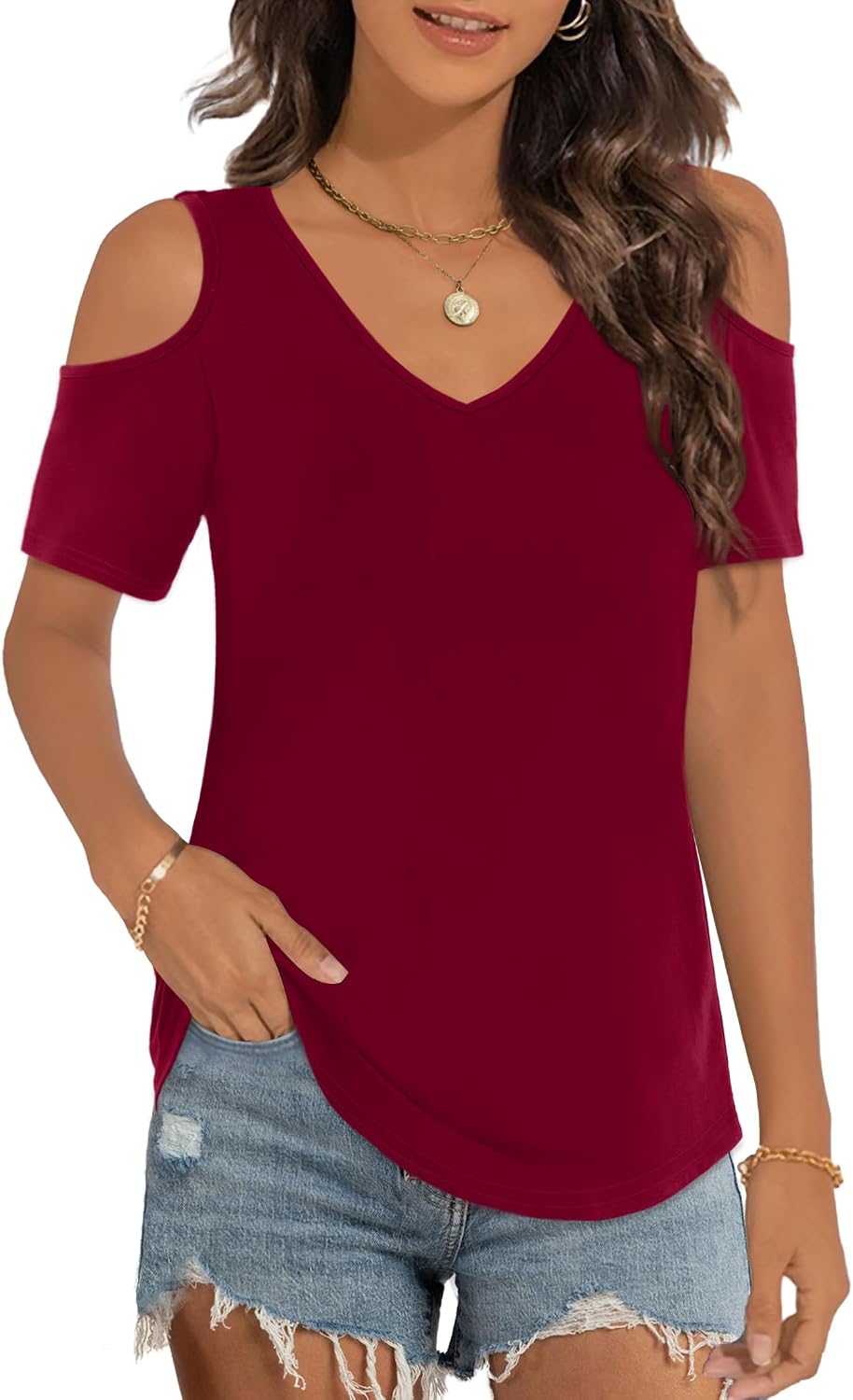Thumbnail 6 de Elesomo Ladies Cold Shoulder Tops with V Neck – Short Sleeve Summer Casual T Shirt