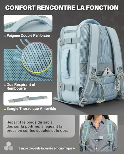 Detalle de VANKEV Sac à Dos Voyage Cabine Extensible – 24 à 30 L, TSA & 3 compartiments