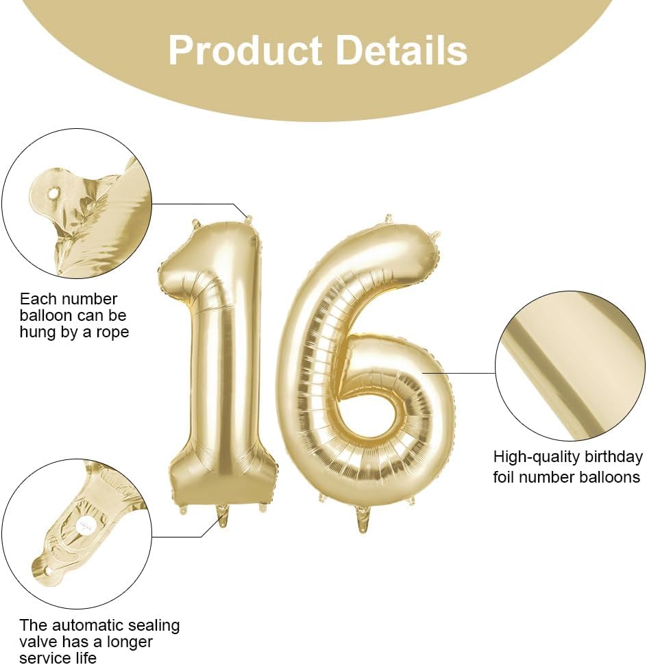 Detalle de OFFCUP Zahlen Luftballon 16 – Gold Creme, 101 cm Folienballon Zahl 16