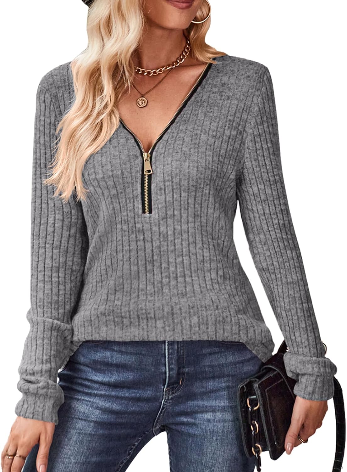 Thumbnail 6 de Gemulate women’s long sleeve V-neck zip jumper top – lightweight knit striped sweater