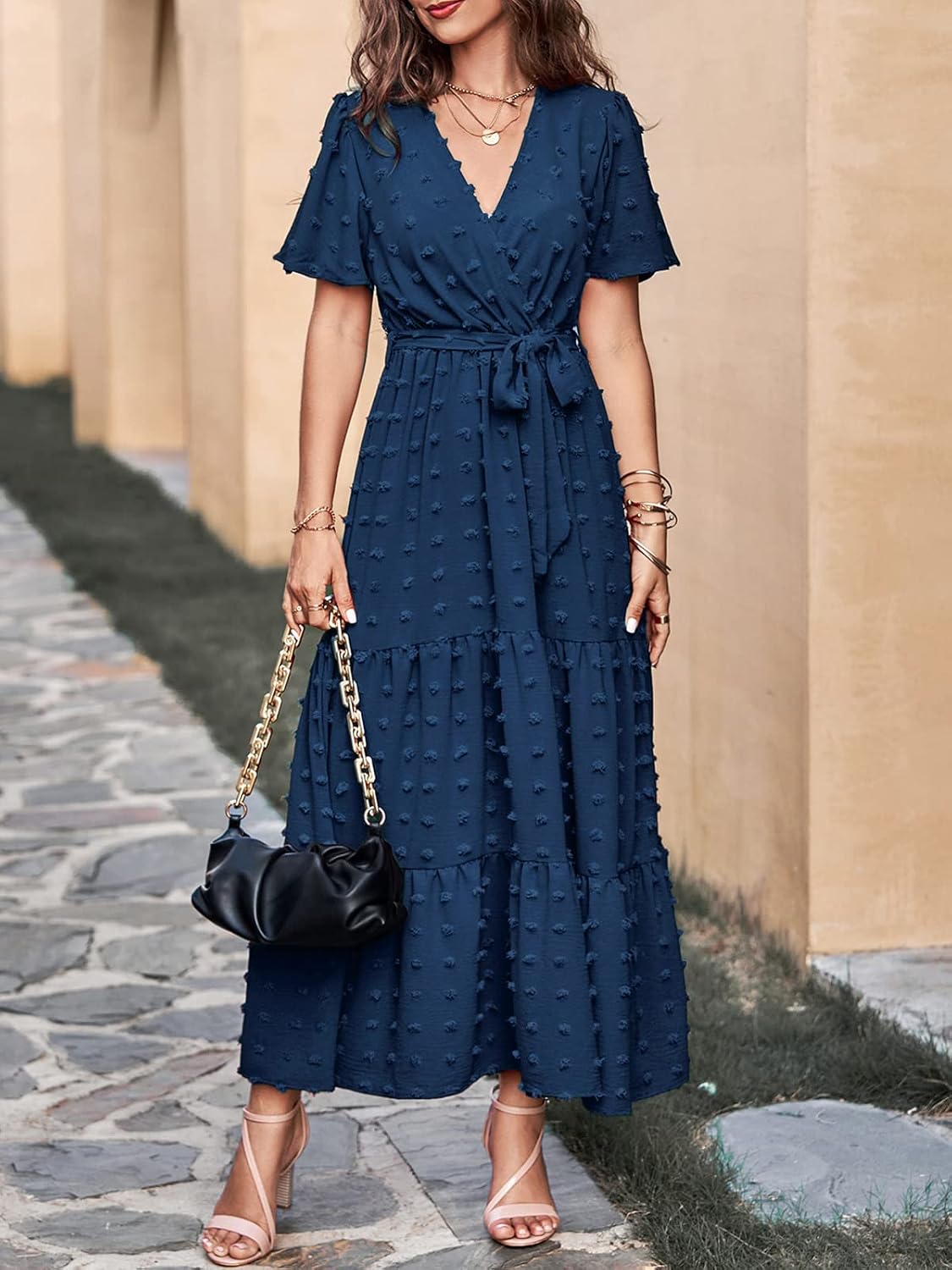 Thumbnail 6 de MASCOMODA Women's Summer Swiss Dot Maxi Dress with Wrap V-Neck and Flutter Sleeves