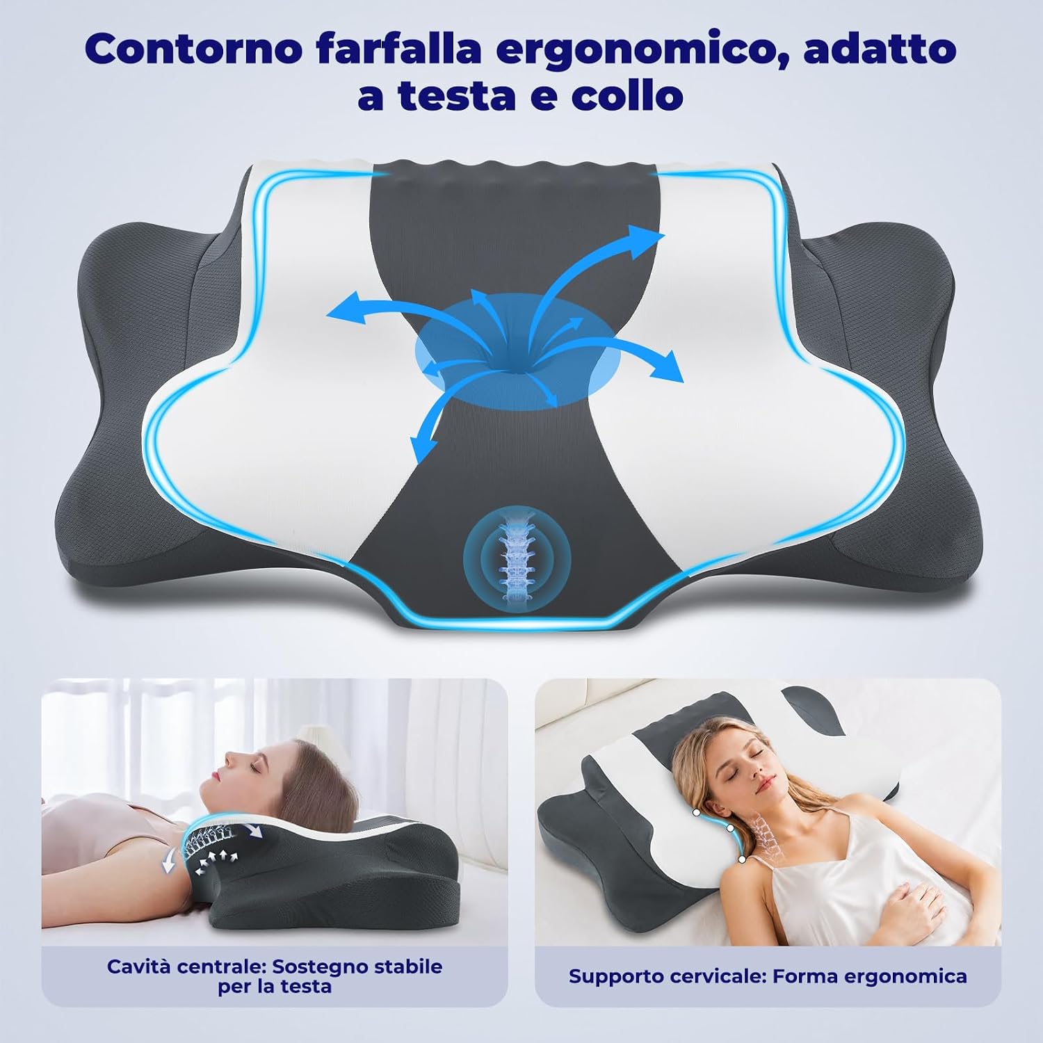 Detalle de DONAMA Cuscino Cervicale Memory Foam Farfalla – Supporto ergonomico per collo, spalle e testa